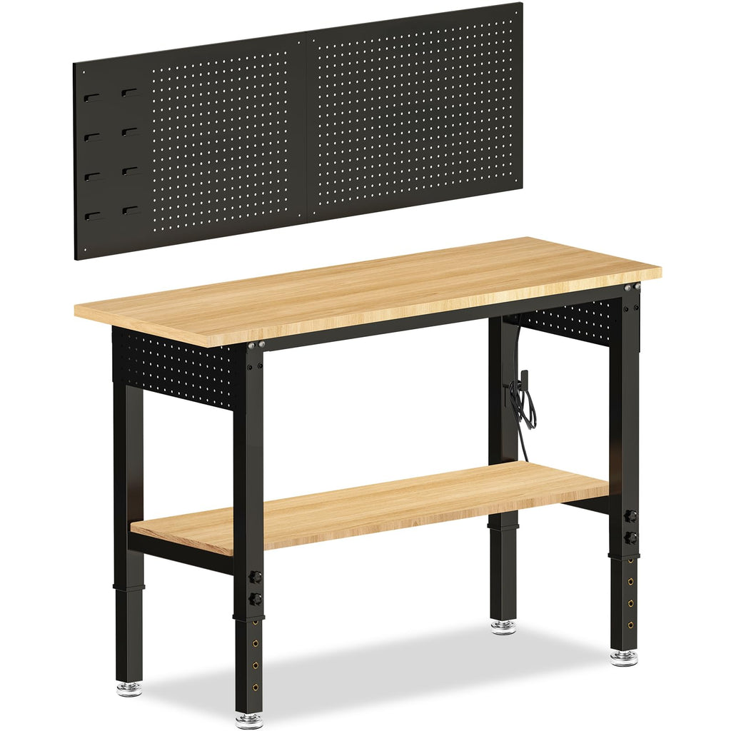 MUWOOD Adjustable Height Work Bench 48×24 Workbench for Garage with Under Table Shelf Heavy Duty Rubber Wood Work Table for Shop Woodworking, Office, Home, Commercial