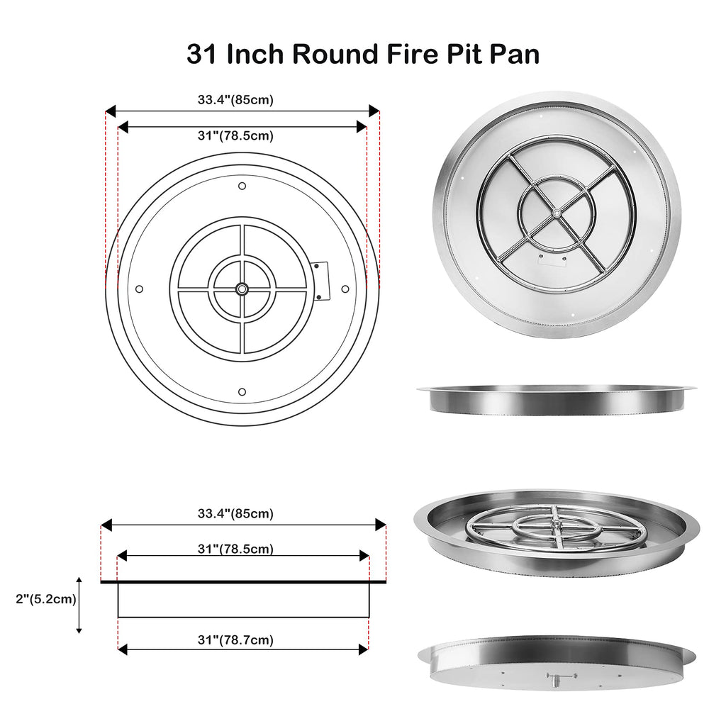 Stanbroil 31-Inch Round Fire Pit Burner Pan, Drop-in Fire Pit Insert for Natural & Propane Gas Firepit Table, Stainless Steel, BTU 296,000 Max