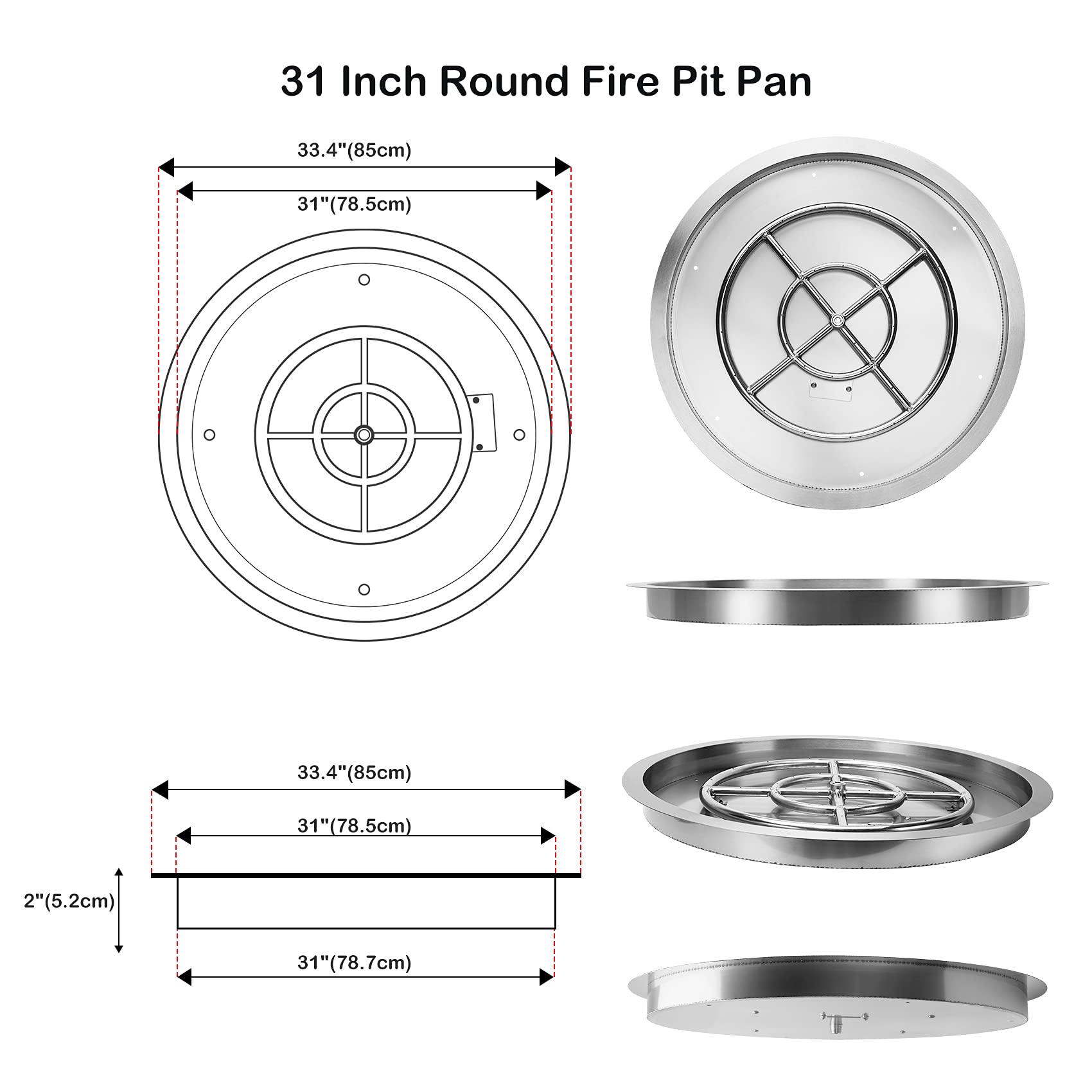 Stanbroil 31-Inch Round Fire Pit Burner Pan, Drop-in Fire Pit Insert for Natural & Propane Gas Firepit Table, Stainless Steel, BTU 296,000 Max