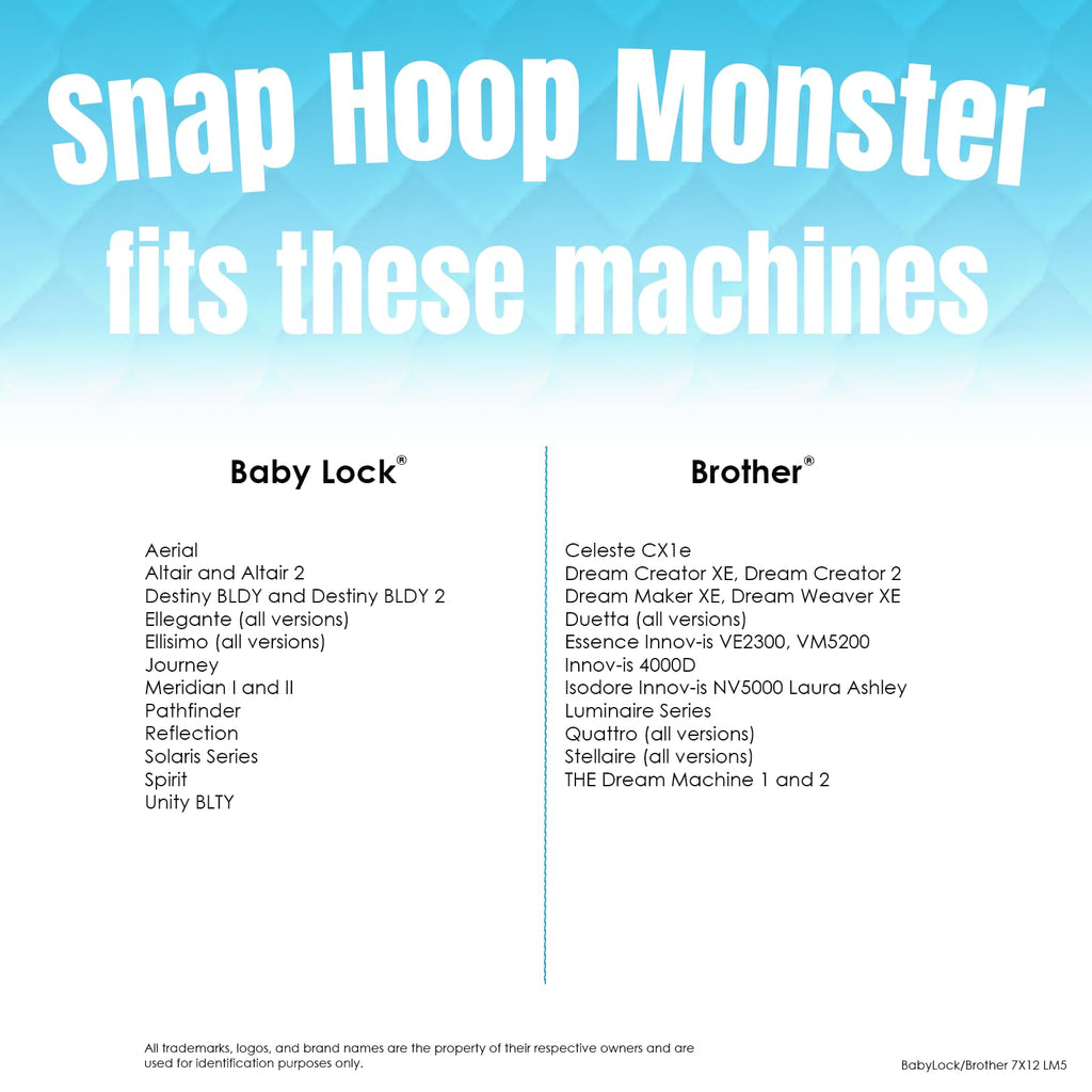 Snap Hoop Monster for Baby Lock/Brother (7" x 12") Magnetic Embroidery Hoop for Machine Embroidery