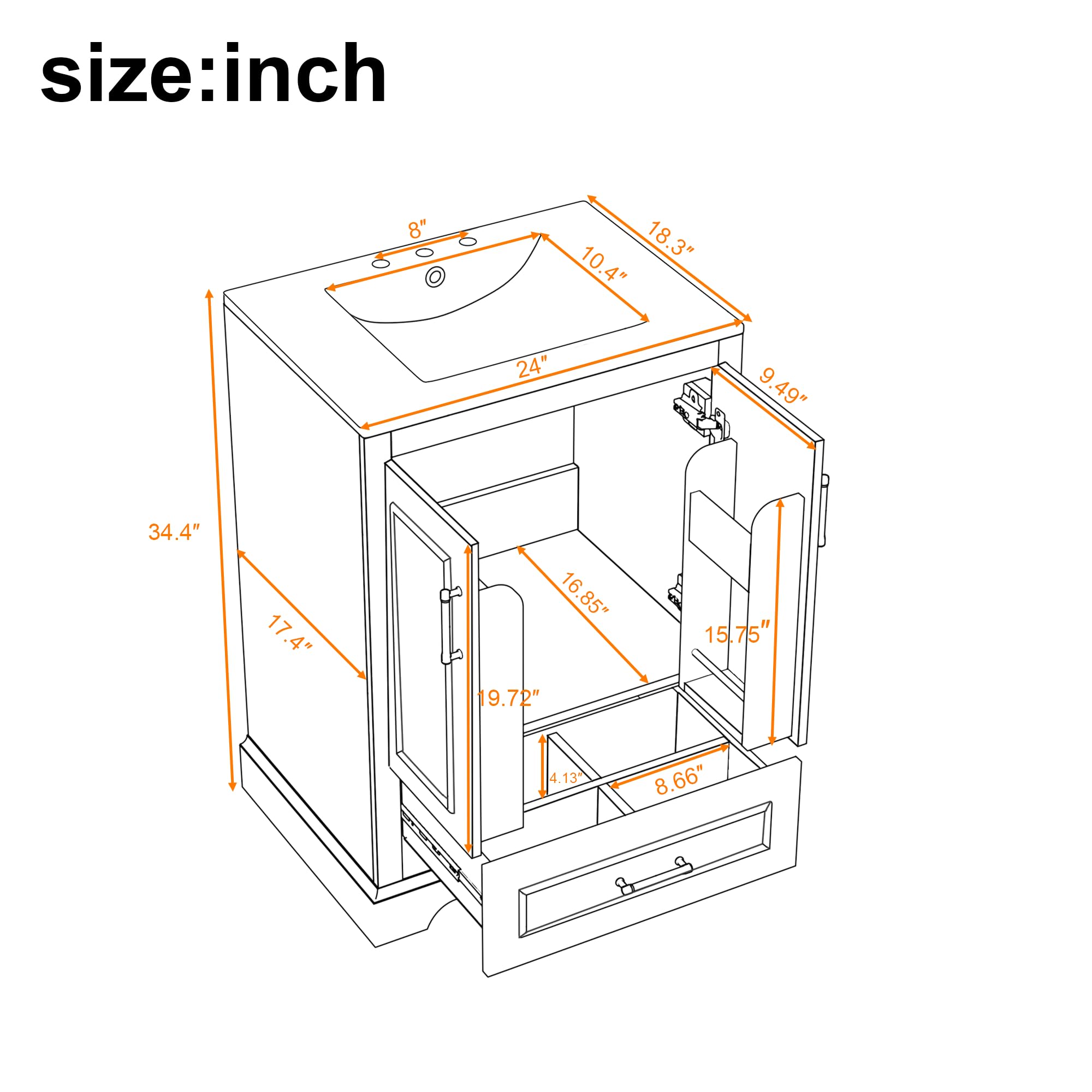 Merax 24" Bathroom Vanity with Sink & 1 Divider Drawer & 2 Soft-Close Doors (Double Shelf on Door), MDF and Solid Wood Frame, Freestanding Vanity Cabinet (Black)