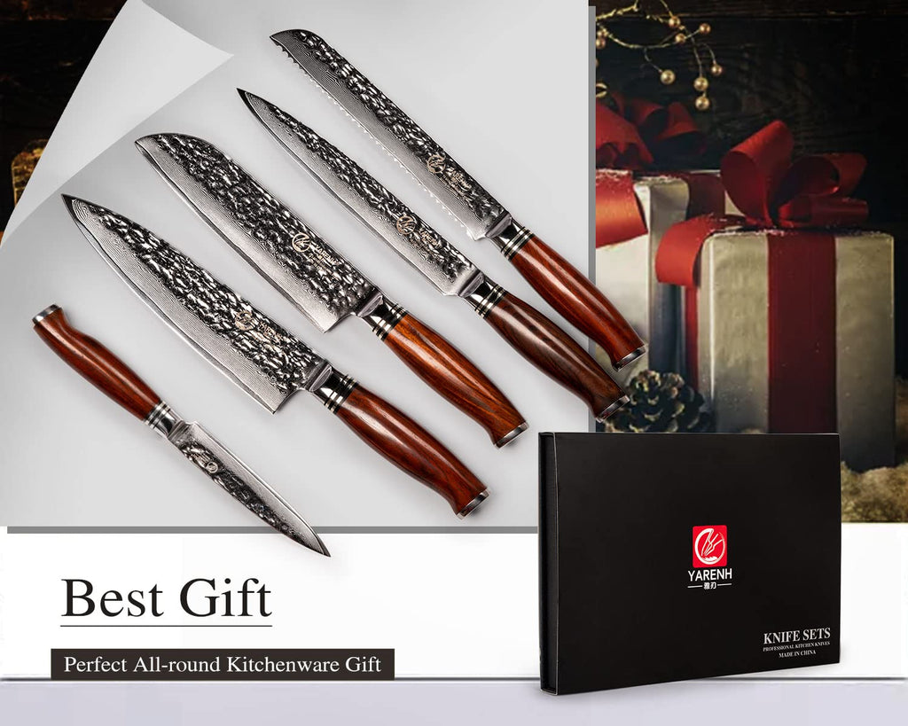 YARENH Chef Knife Set without Block, 5 Piece Professional Sharp Kitchen Knives,Damascus Stainless Steel, 73 Layers, Full Tang, Dalbergia Wood Handle, HTT Series