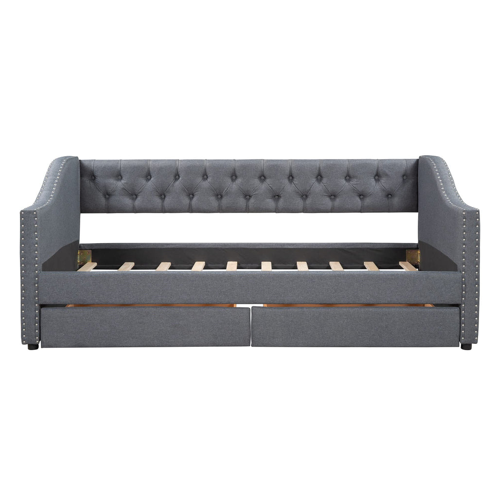 Merax Upholstered Twin Daybed Frame with 2 Storage Drawers, Linen Fabric Wood Sofa Bed, Diamond-Tufted Backrest & Rivets Armrests, Sturdy Wood Slat Support, No Box Spring Needed, Bear 400LBS, Gray