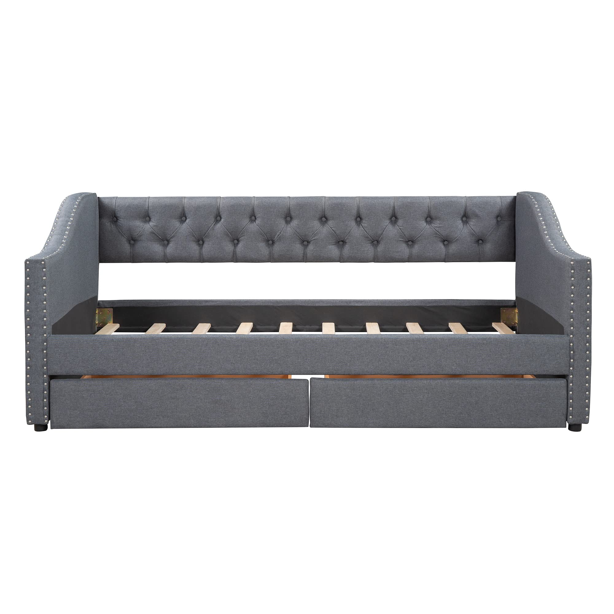 Merax Upholstered Twin Daybed Frame with 2 Storage Drawers, Linen Fabric Wood Sofa Bed, Diamond-Tufted Backrest & Rivets Armrests, Sturdy Wood Slat Support, No Box Spring Needed, Bear 400LBS, Gray