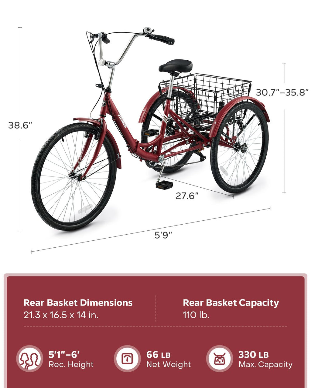 VIRIBUS Folding Tricycle for Adults, 7 Speed Foldable Adult Tricycle with Removable Wheeled Basket, Folding 3 Wheel Bikes for Adults Men Male Seniors 24 inch, Collapsible Trike 330 LB. Red