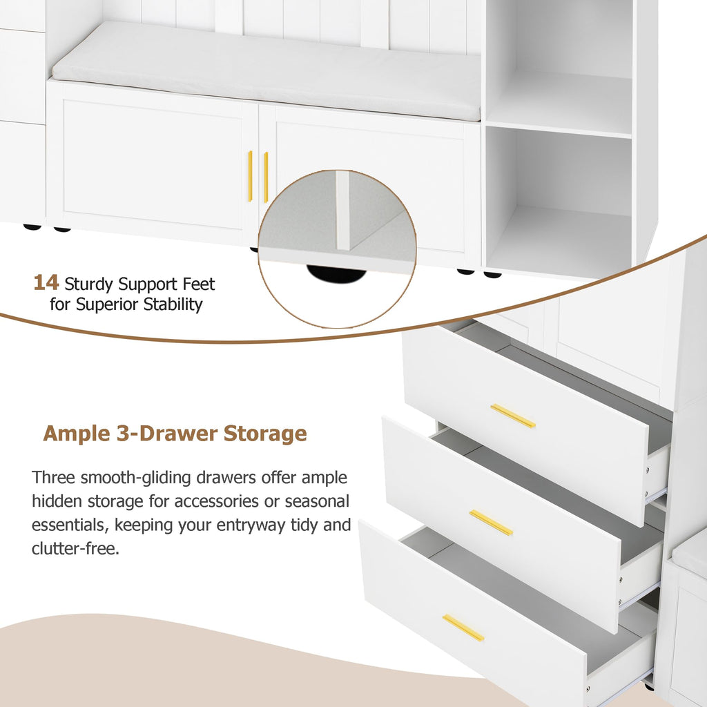 Amposei 94.49’’W Extra Large Hall Tree Cabinet with 6 Doors & 3 Drawers, Tall Entryway Organizer Shoe Storage Bench with 4 Coat Hooks & 6 Open Cubbies for Hallway Mudroom Living Room, White