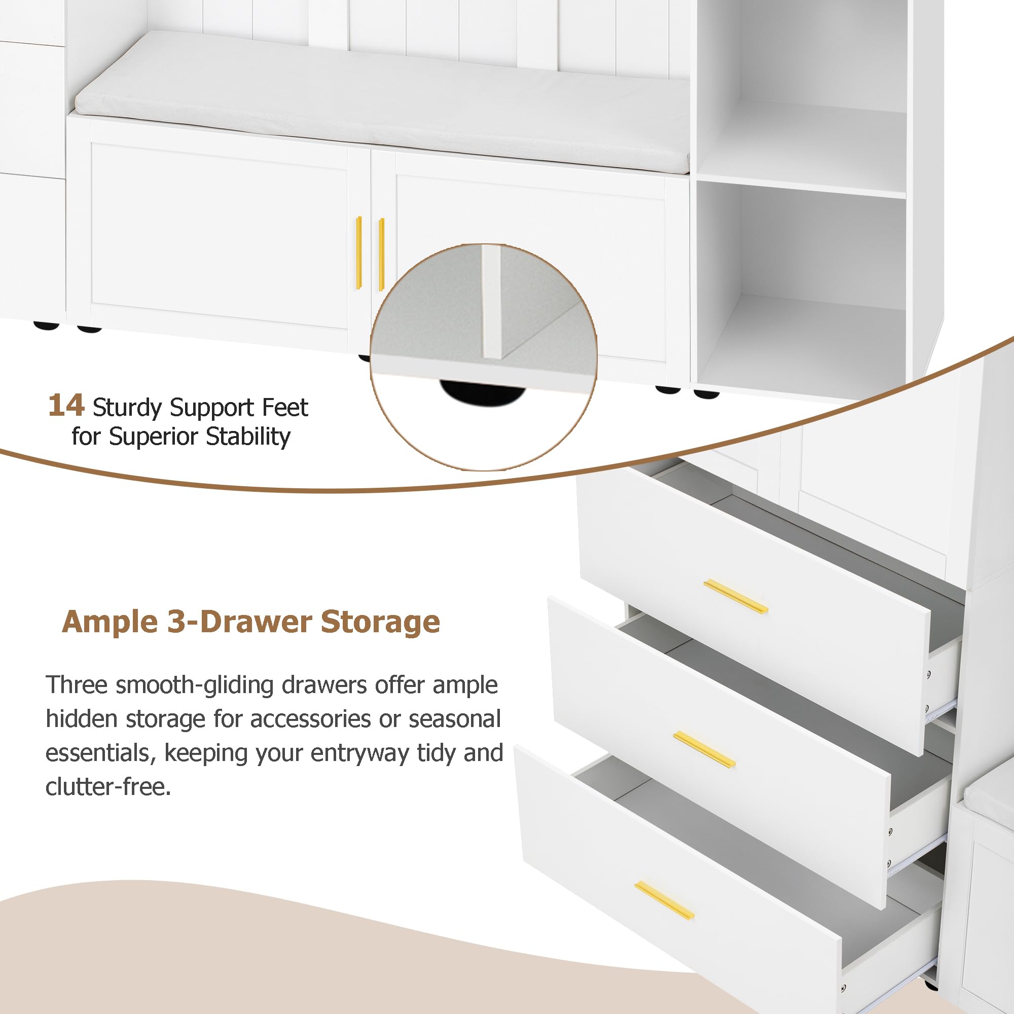 Amposei 94.49’’W Extra Large Hall Tree Cabinet with 6 Doors & 3 Drawers, Tall Entryway Organizer Shoe Storage Bench with 4 Coat Hooks & 6 Open Cubbies for Hallway Mudroom Living Room, White