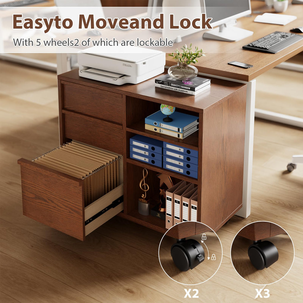 Solid Wood Lateral Filing Cabinet, 3 Drawer Mobile File Cabinet,Stand with Open Shelves,Storage Drawer Cabinet，The cabinet features adjustable steel rods，suitable for home offices,and bedrooms.