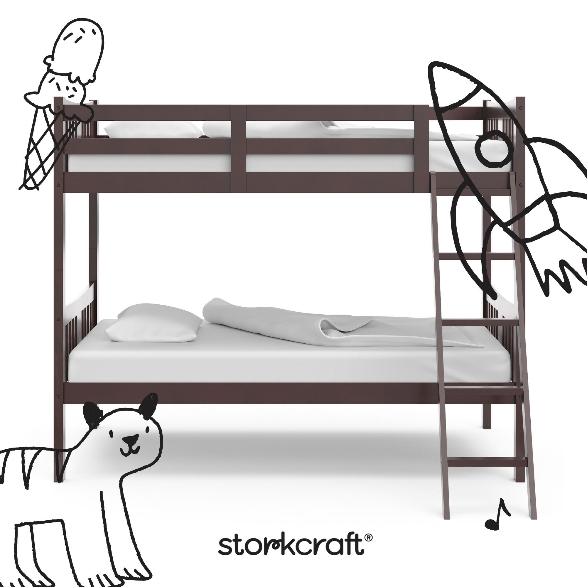 Storkcraft Caribou Bunk Bed Twin Over Twin Bunk Bed (Espresso) - GREENGUARD Gold Certified, Twin Bunk Beds for Kids, Converts to 2 Individual Twin Beds, Bunk Beds for Kids