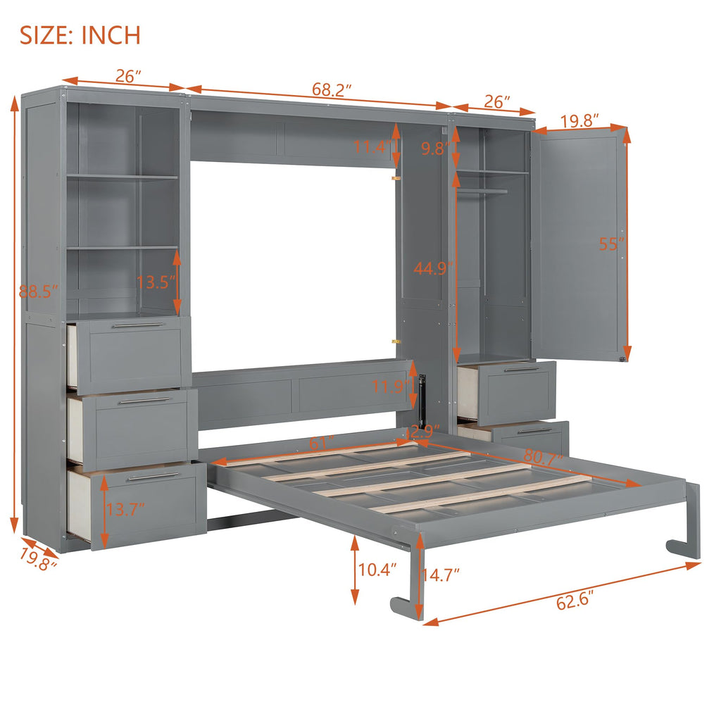 Merax Murphy Bed Queen Size, Built-in Shelves, Storage Drawers and Wardrobe, Wood Folding Wall Bedframe for Guest Room, Home Office, Grey