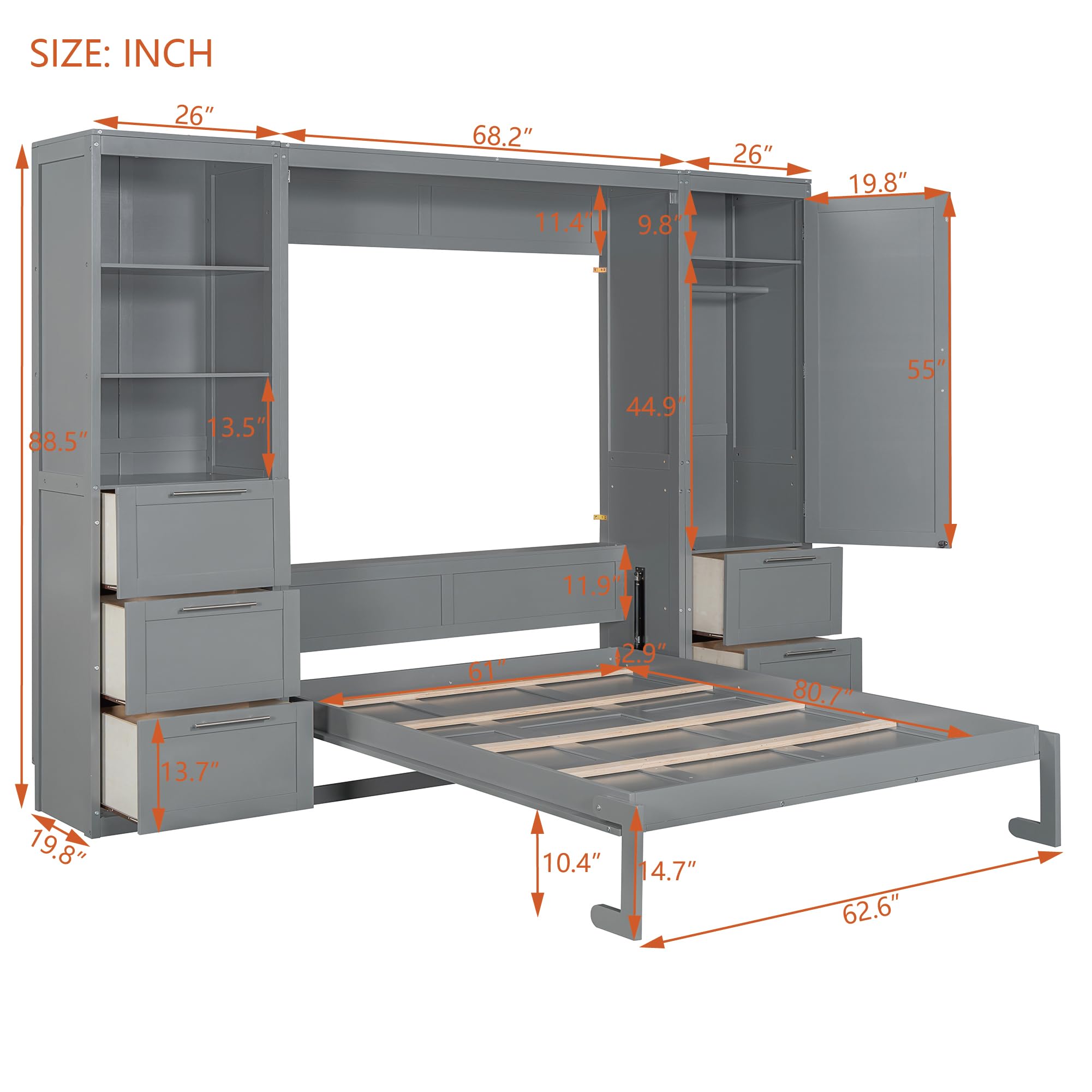 Merax Murphy Bed Queen Size, Built-in Shelves, Storage Drawers and Wardrobe, Wood Folding Wall Bedframe for Guest Room, Home Office, Grey