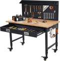 Workbench 48 x 24 Adjustable Height Worktable, 2000 LBS Load Capacity, Heavy Duty Rubber Wood Top, Workbench with Drawers, Pegboard, Power Outlets & Lockable Wheels, with Drawer Back