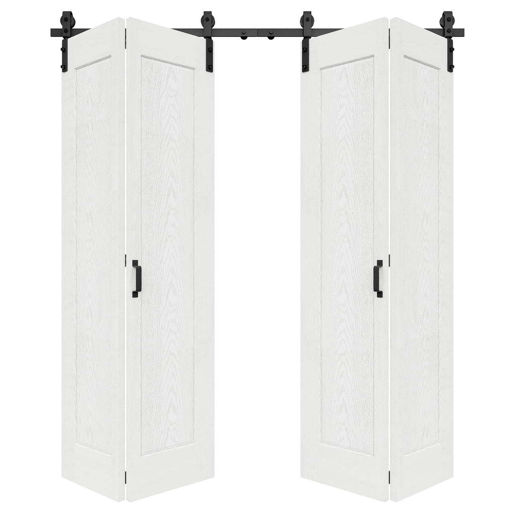 72" x 84" 1 Panel Bifold Barn Door, 80" Track Kit for 4 Closet Doors, Pre-Assembled Panel Bi-fold Barn Door for Pantry, Primed White Finish with Water-Resistant and Scratch-Resistant, Paintable