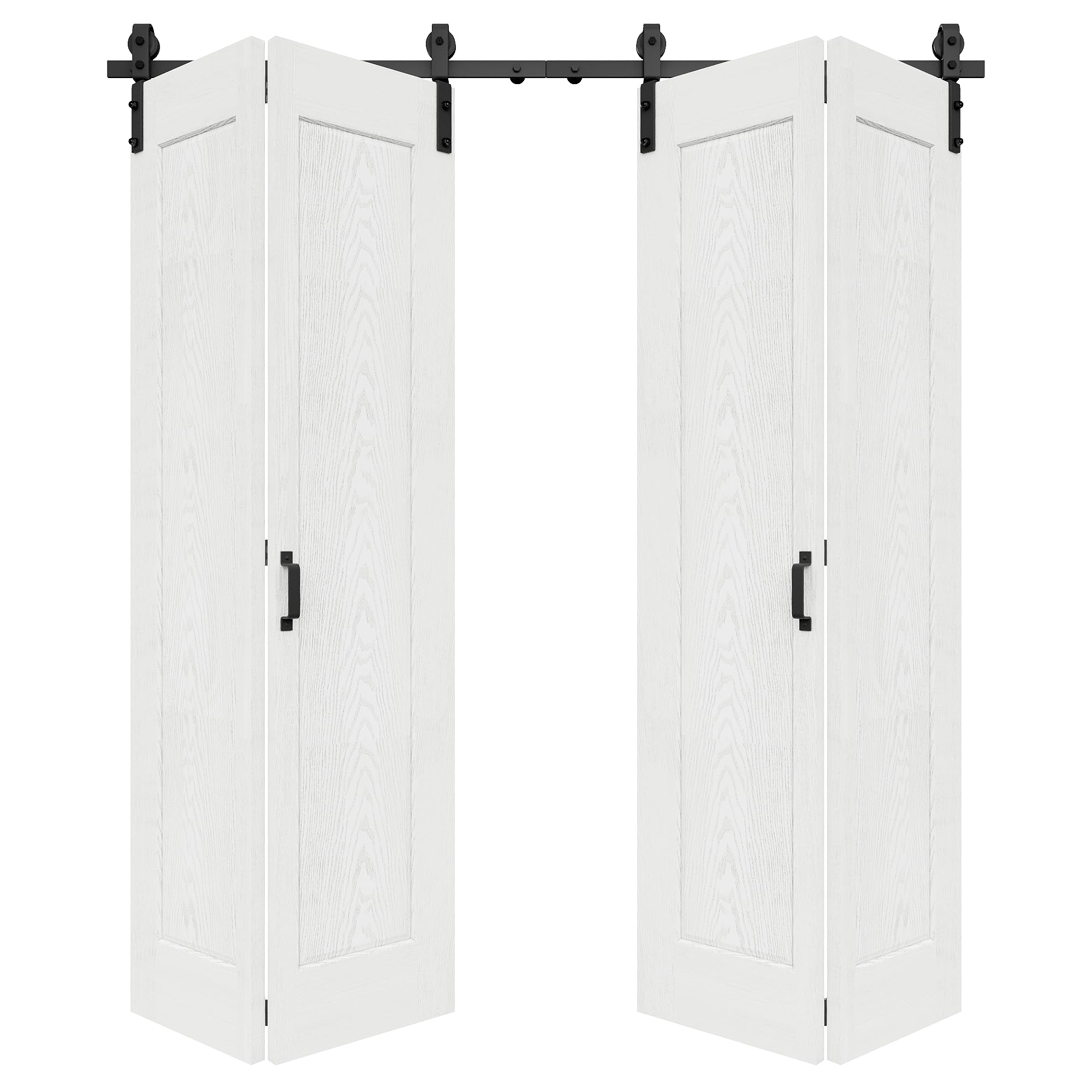 72" x 84" 1 Panel Bifold Barn Door, 80" Track Kit for 4 Closet Doors, Pre-Assembled Panel Bi-fold Barn Door for Pantry, Primed White Finish with Water-Resistant and Scratch-Resistant, Paintable