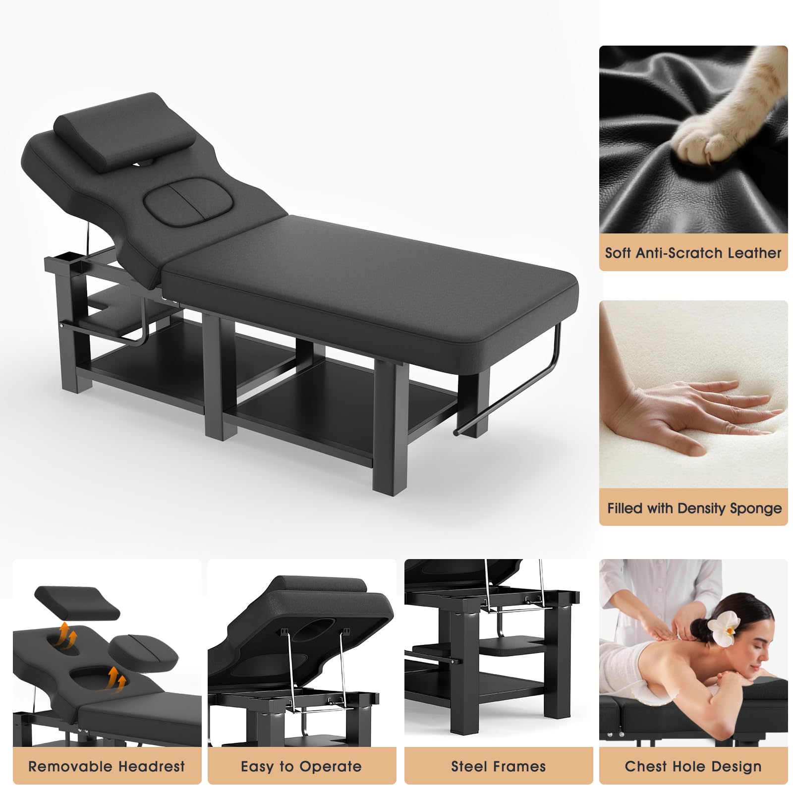 Heavy Duty Stationary Massage Table with Adjustable Backrest, Wide Spa Facial Bed with Metal Frame & PU Leather, Professional Massage Therapy Bed for Spa Salon Tattoo Physical Therapy Clinic (Black)