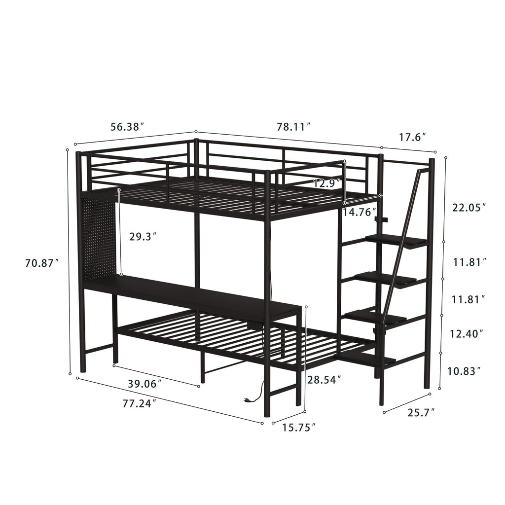 KEIKI Full Over Twin Bunk Bed with Charging Station, Metal Loft Bed with Desk & Safety Guard & Stairs, Metal Bed Frame for Kids, Teens, Adults, Black