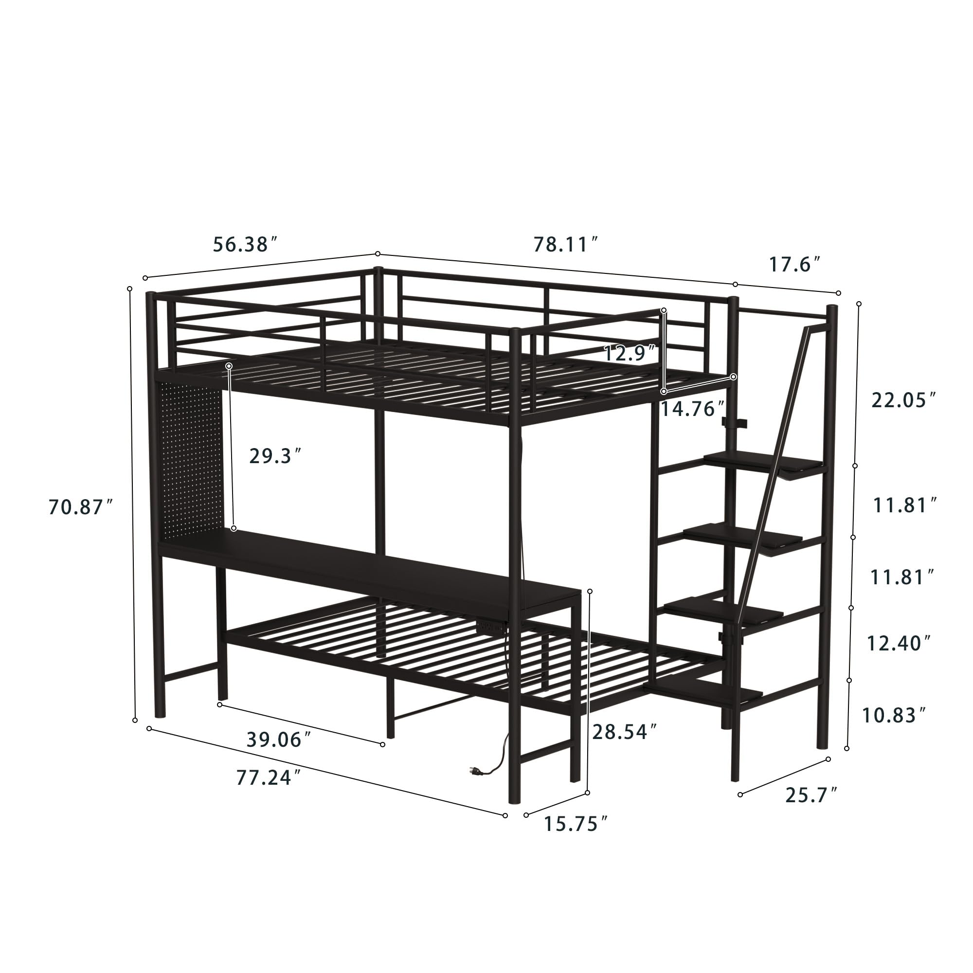 KEIKI Full Over Twin Bunk Bed with Charging Station, Metal Loft Bed with Desk & Safety Guard & Stairs, Metal Bed Frame for Kids, Teens, Adults, Black