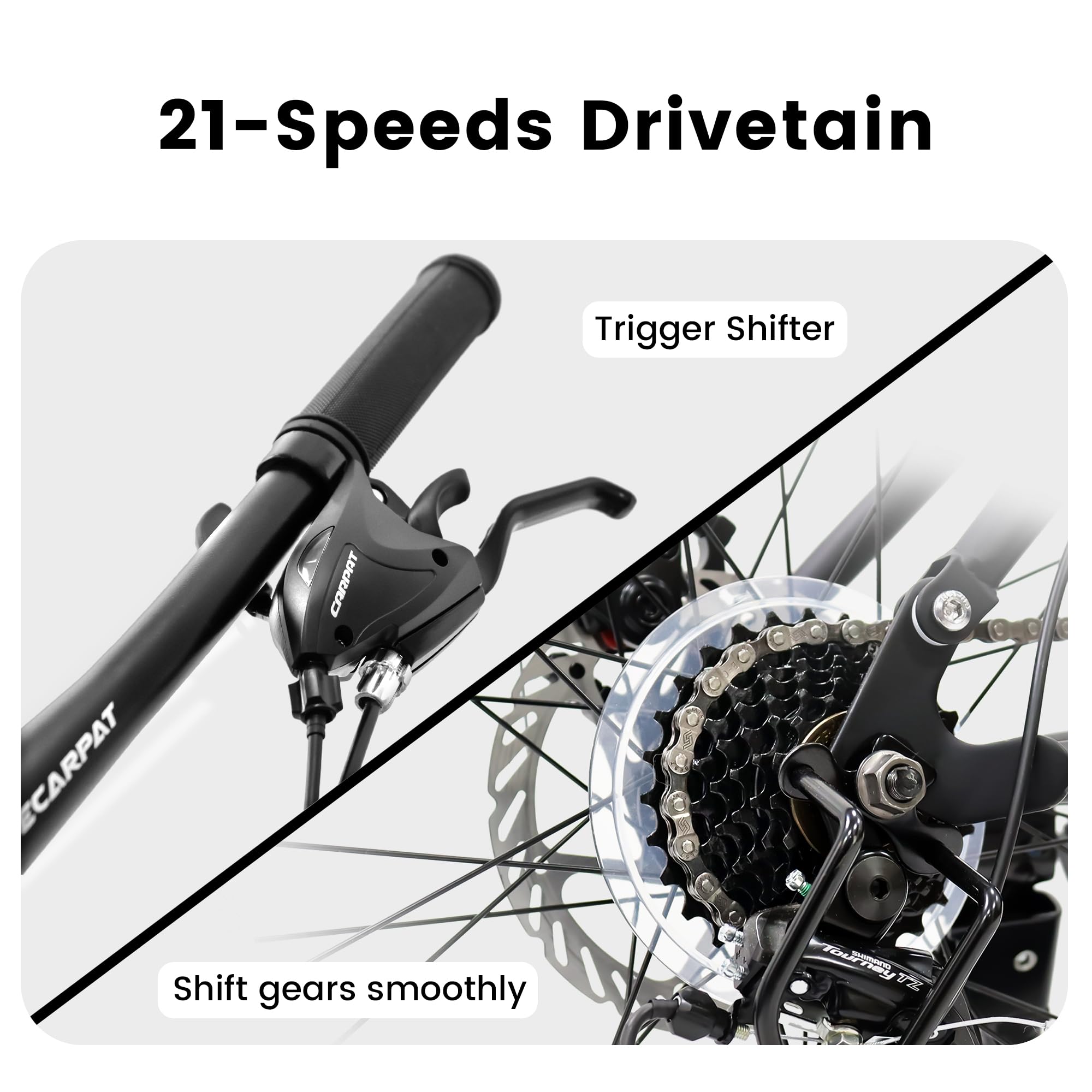 Ecarpat Mountain Bike 24 Inch Wheel, 21-Speed Disc Brakes Thumb Shifter, Carbon Steel Frame Mens Trail Commuter City Snow Mountain Bikes Bicycles