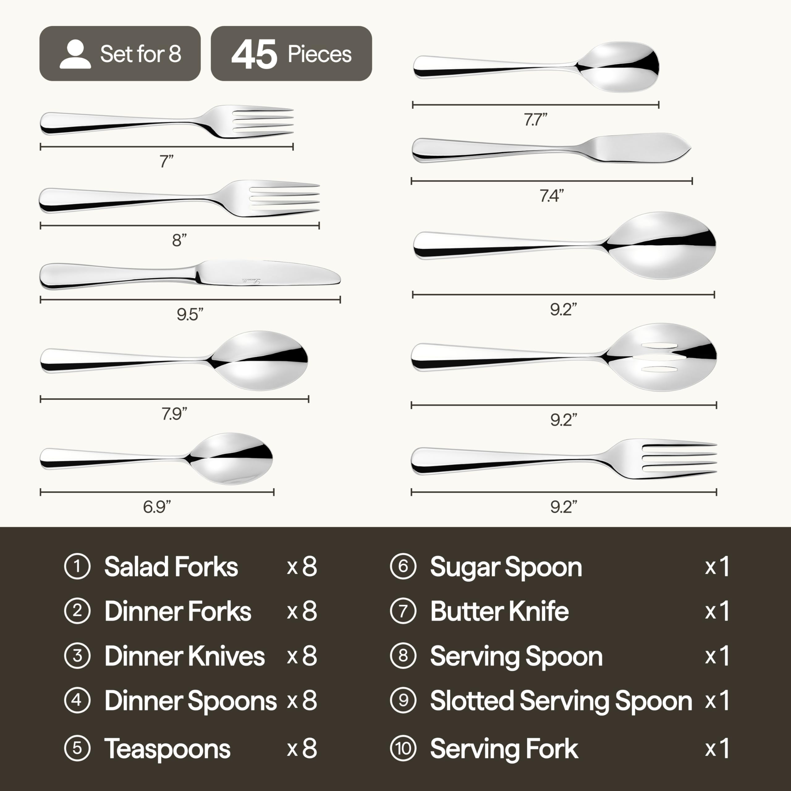 Luciella Tropea Polished Flatware Set for 8, 45-Piece Premium 18/10 Stainless Steel Silverware Set with Serving Utensils, Modern Mirror Finish, Rust Resistant, Dishwasher Safe, House Warming Gifts