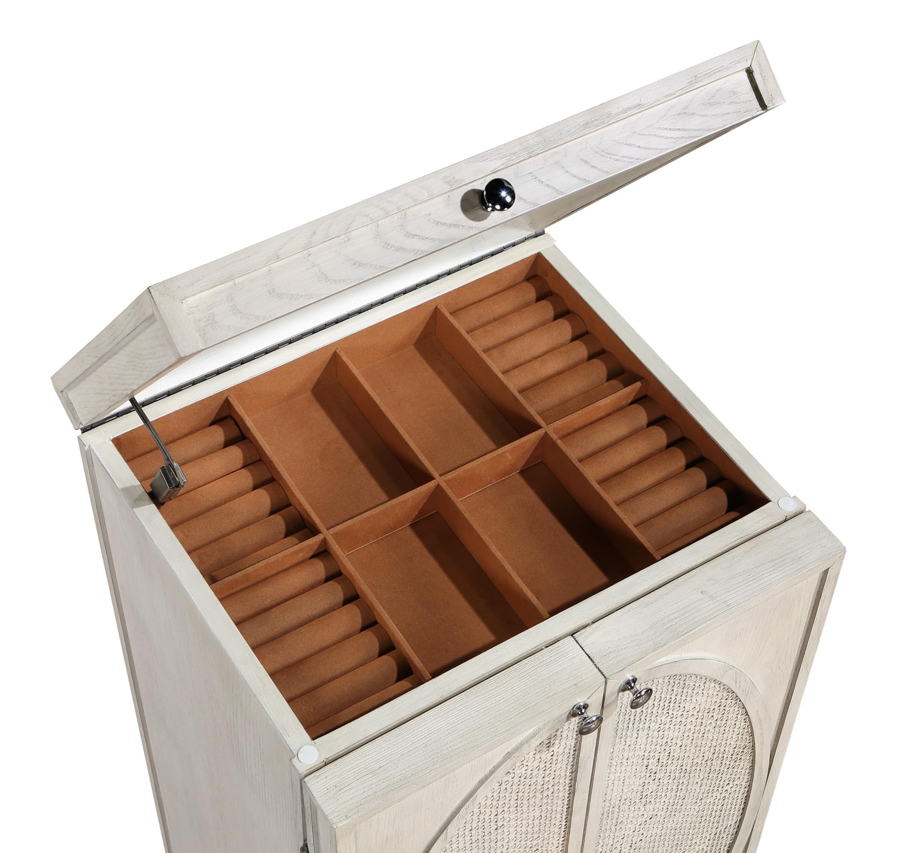 Deco 79 Wooden Geometric Washed Oval Rattan Front Armoire Jewelry 2 Door, 6 Drawer, and 32 Hook Cabinet with Mirrored Lift Top and Organizer Shelf, 20" x 18" x 47", Light Gray