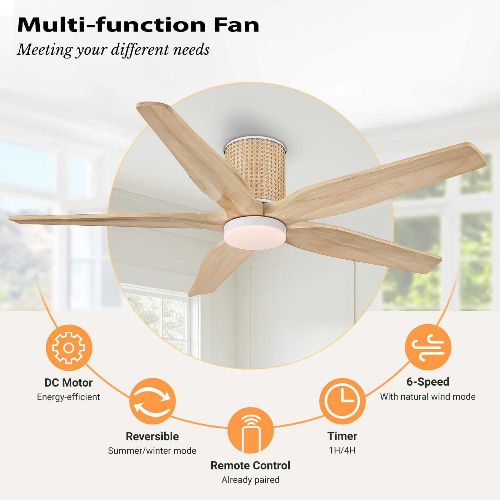 LEDLUX 54" Ceiling Fan with Light - Low Profile Flush Mount Ceiling Fan, 6-Speed Remote Control, Solid Wood, Quiet Reversible DC Motor, Wood/White Finish, for Bedroom, Living Room, Porch