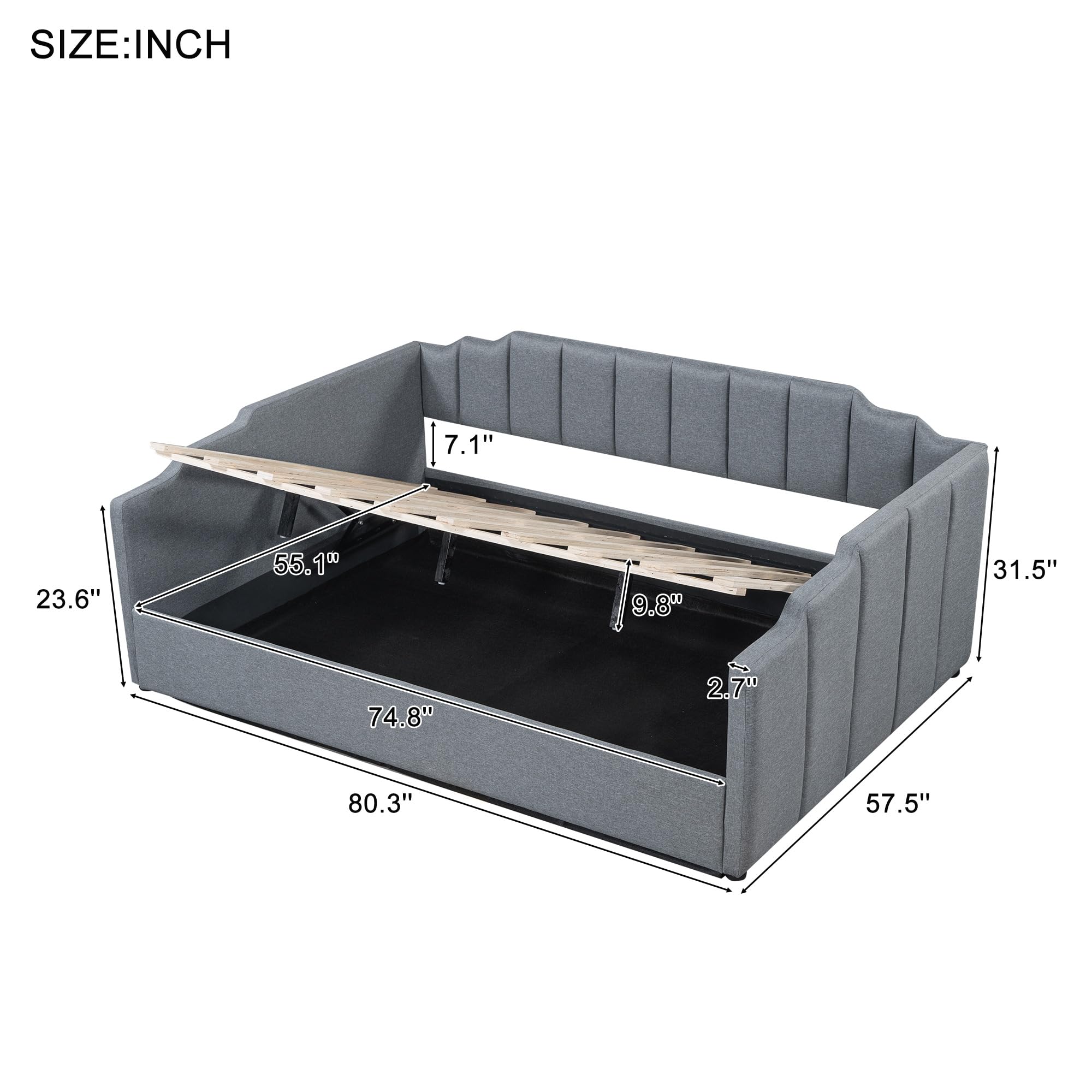 DNYN Full Size Upholstered Daybed for Bedroom,Guest Room,Lift Up Storage Bedframe w/Wood Slat Support,Space Saving Design, Gray