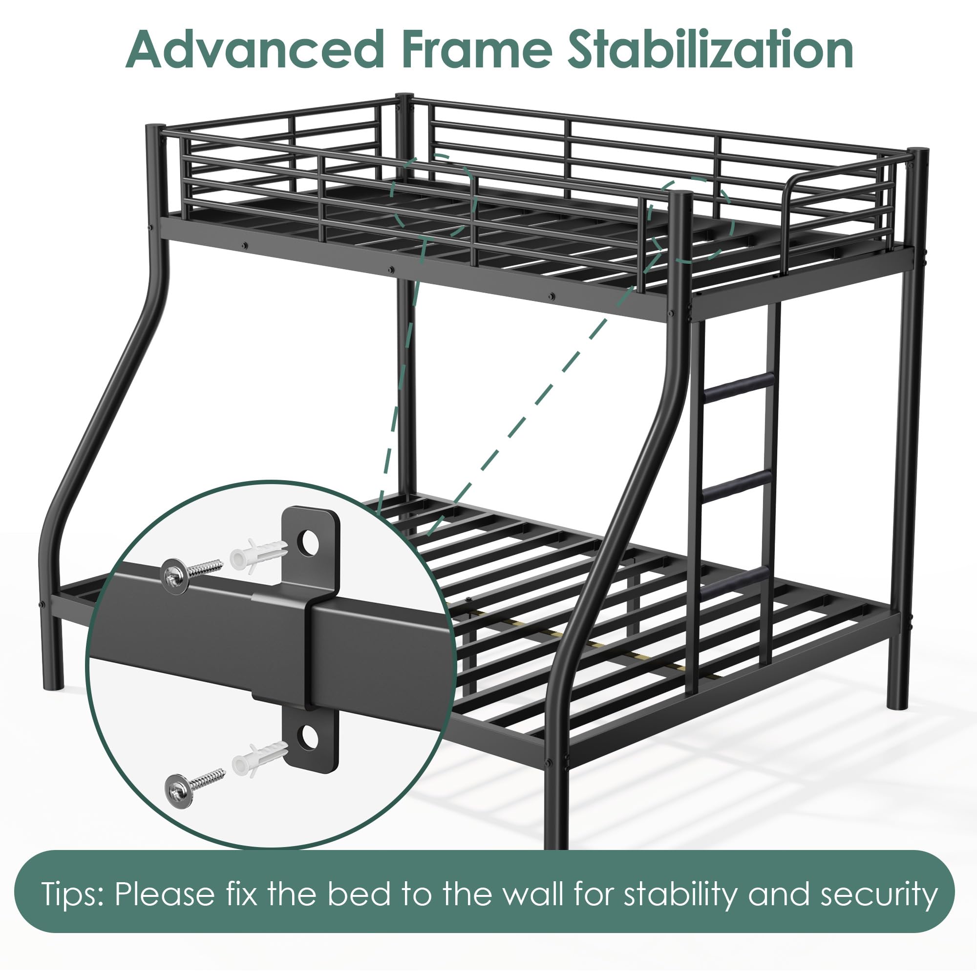 Cyranture Twin XL Over Queen Bunk Bed Size, Heavy Duty Bunk Beds with Bottom Space & Guardrail Metal Bunk Bed Frame for Adults Dorm Bedroom Guest Room, No Box Spring Needed（Upgrate Black）