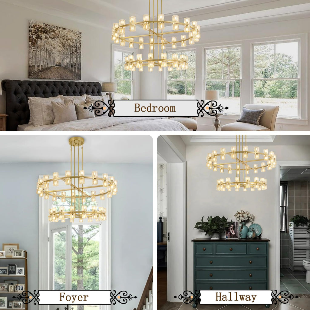 Shial Lighting 2 Tier Gold Wagon Wheel Chandelier, 108-Lights Farmhouse Pendant Light Fixture, Rustic Round Chandelier for Foyer Entryway Living Room (Dia 32"+40")