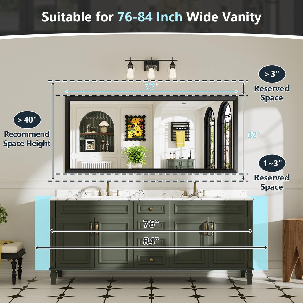 AWANDEE 72x32 Inch Black Bathroom Mirror for Wall, Beveled Framed Rectangle Bathroom Vanity Mirrors for Over Sink, Bedroom, Living Room, Entryway, Anti-Rust, HD Tempered Glass, Horizontally/Vertically