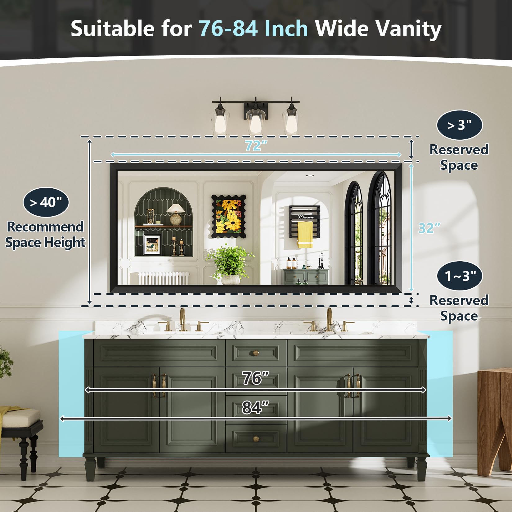 AWANDEE 72x32 Inch Black Bathroom Mirror for Wall, Beveled Framed Rectangle Bathroom Vanity Mirrors for Over Sink, Bedroom, Living Room, Entryway, Anti-Rust, HD Tempered Glass, Horizontally/Vertically