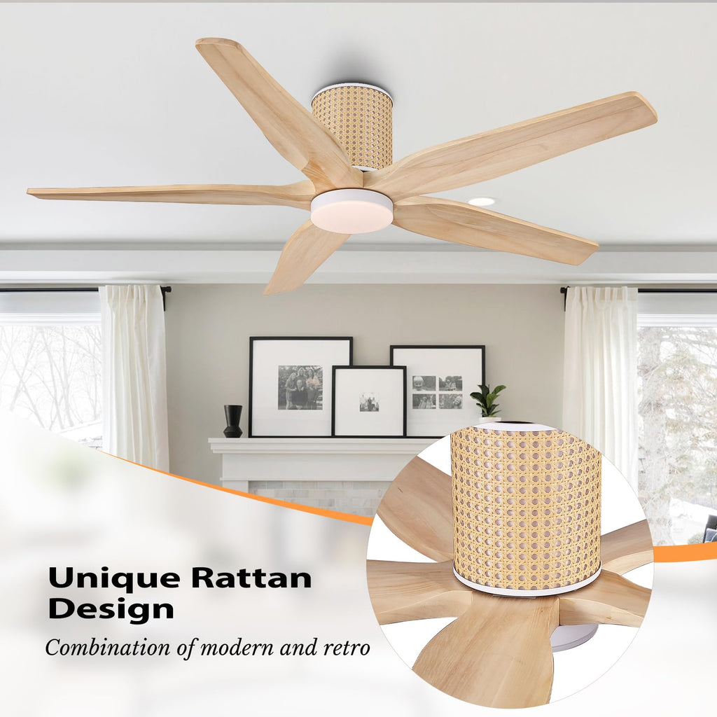 LEDLUX 54" Ceiling Fan with Light - Low Profile Flush Mount Ceiling Fan, 6-Speed Remote Control, Solid Wood, Quiet Reversible DC Motor, Wood/White Finish, for Bedroom, Living Room, Porch