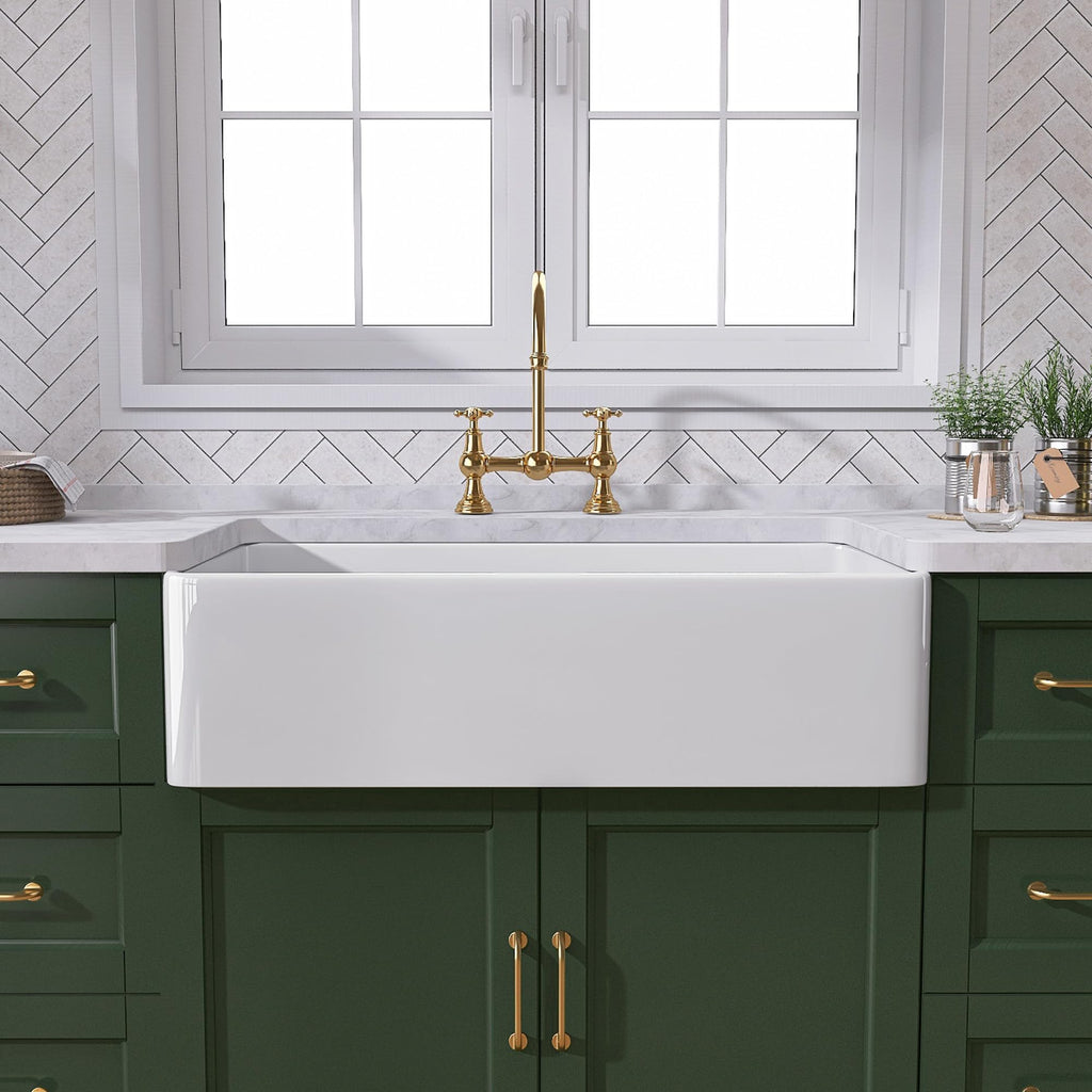 TUKTUK White Farmhouse Sink 30 inch Farm Sink Fireclay Apron Front Single Bowl Kitchen Sinks Deep Drop In Undermount Reversible Heavy Duty Easy-to-Clean Kitchen Basin with Luxury Modern Accessory Kit
