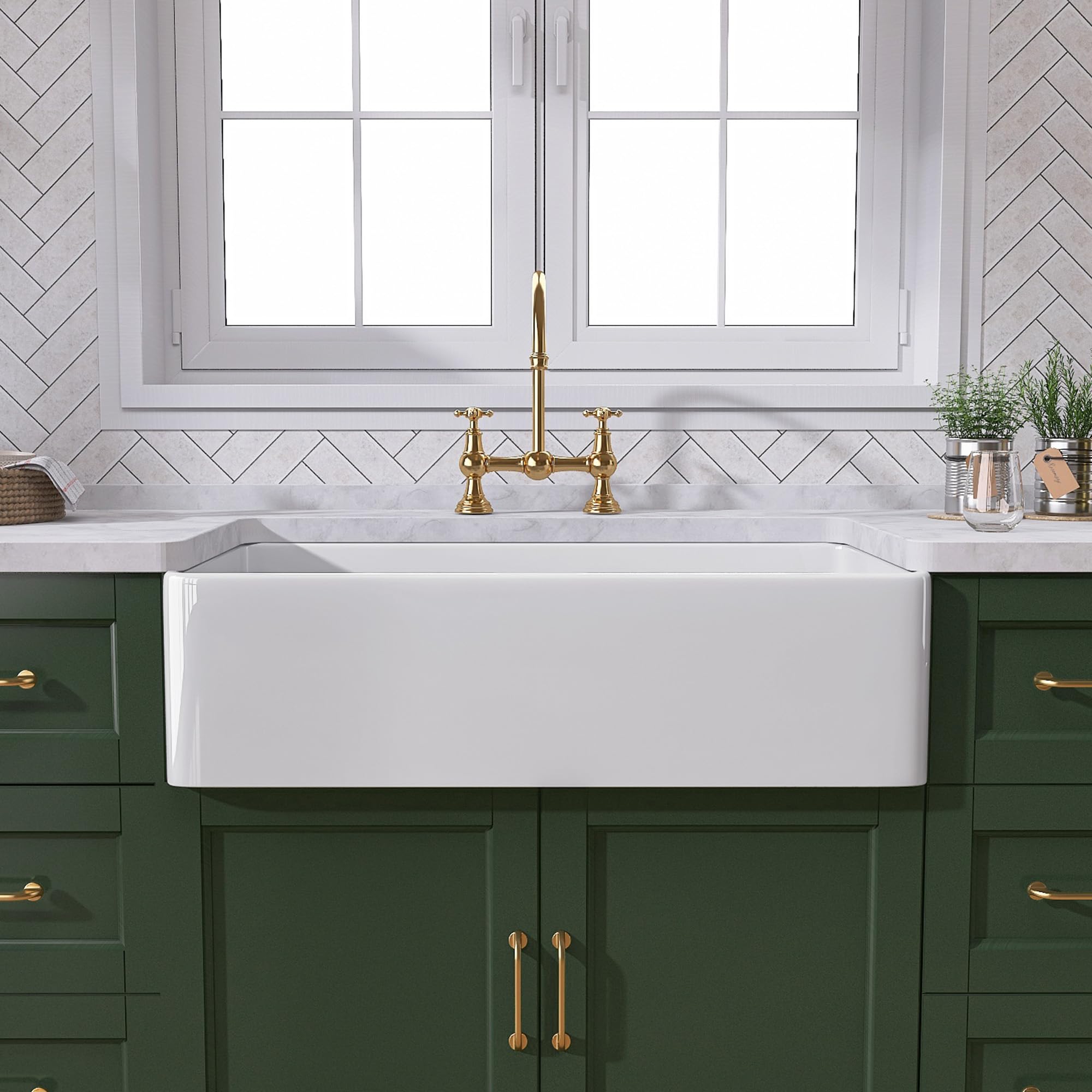 TUKTUK White Farmhouse Sink 30 inch Farm Sink Fireclay Apron Front Single Bowl Kitchen Sinks Deep Drop In Undermount Reversible Heavy Duty Easy-to-Clean Kitchen Basin with Luxury Modern Accessory Kit