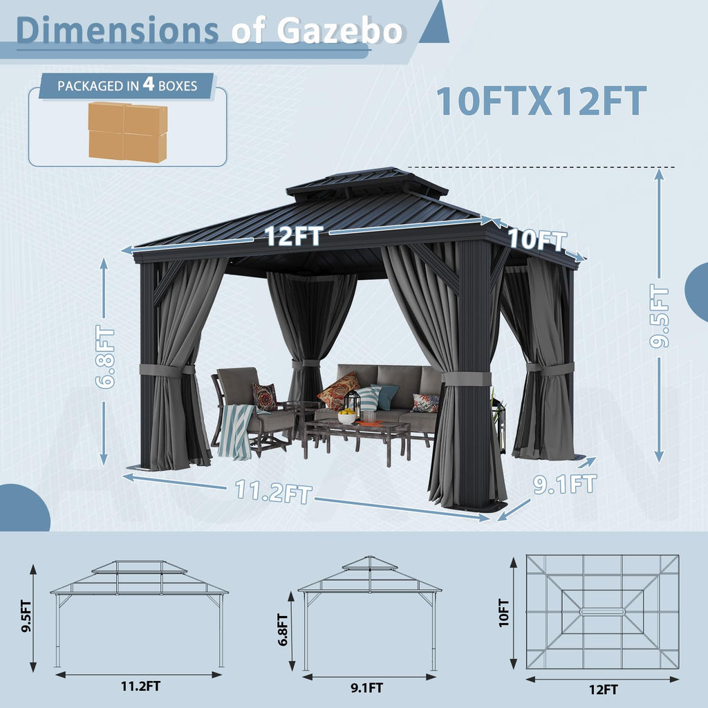 Aoxun 10' x 12' Permanent Hardtop Gazebo with Galvanized Steel Double Roof and Aluminum Frames Outdoor Large Pavilion Gazebo for Patio Deck Garden, Nettings and Curtains Included, Gray