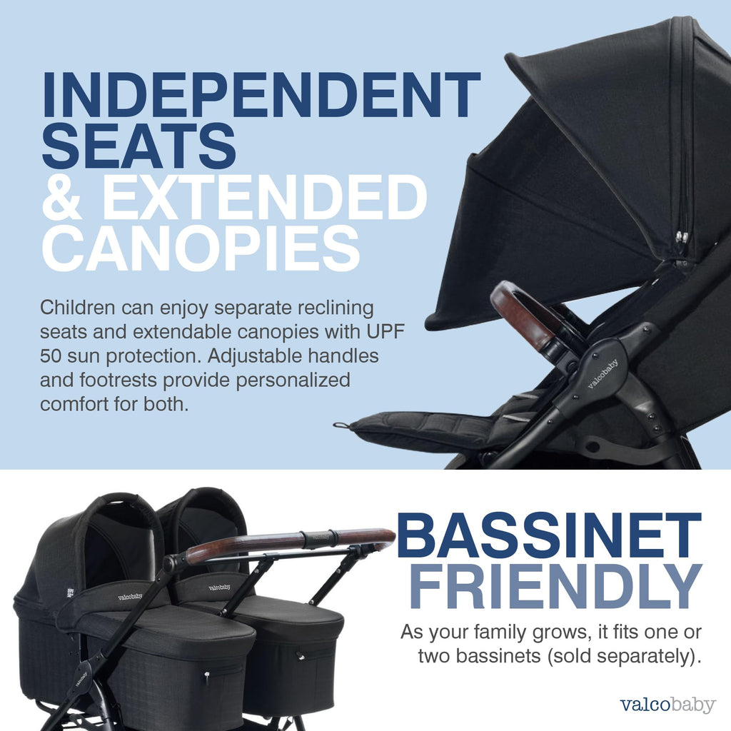 Valco Baby - Trend Duo Double - Side by Side Double Stroller for Newborn and Toddler - Easy Compact Fold, Multi-Position Recline, Large Canopy Infant Twin Stroller 2025 (Night Black)