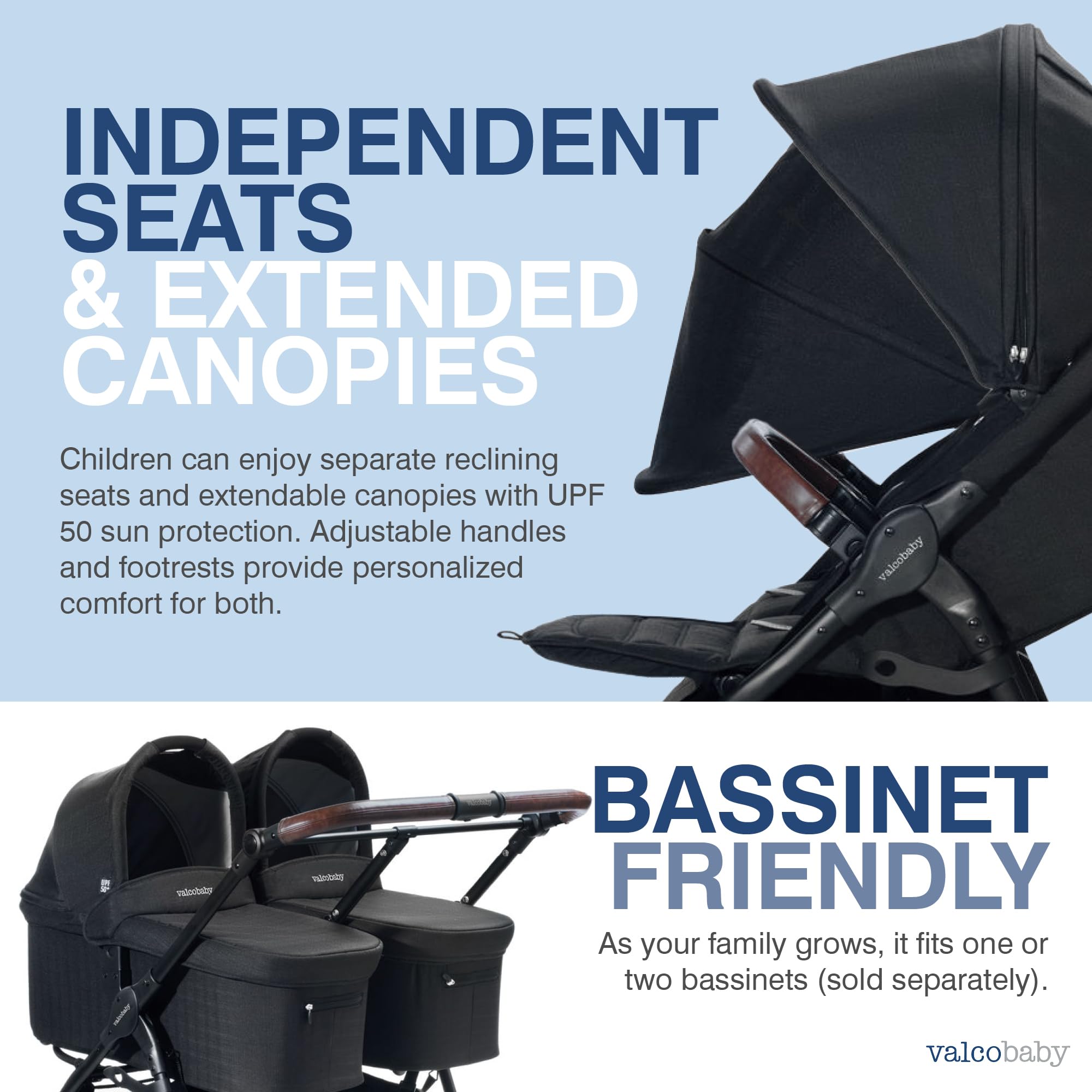 Valco Baby - Trend Duo Double - Side by Side Double Stroller for Newborn and Toddler - Easy Compact Fold, Multi-Position Recline, Large Canopy Infant Twin Stroller 2025 (Night Black)