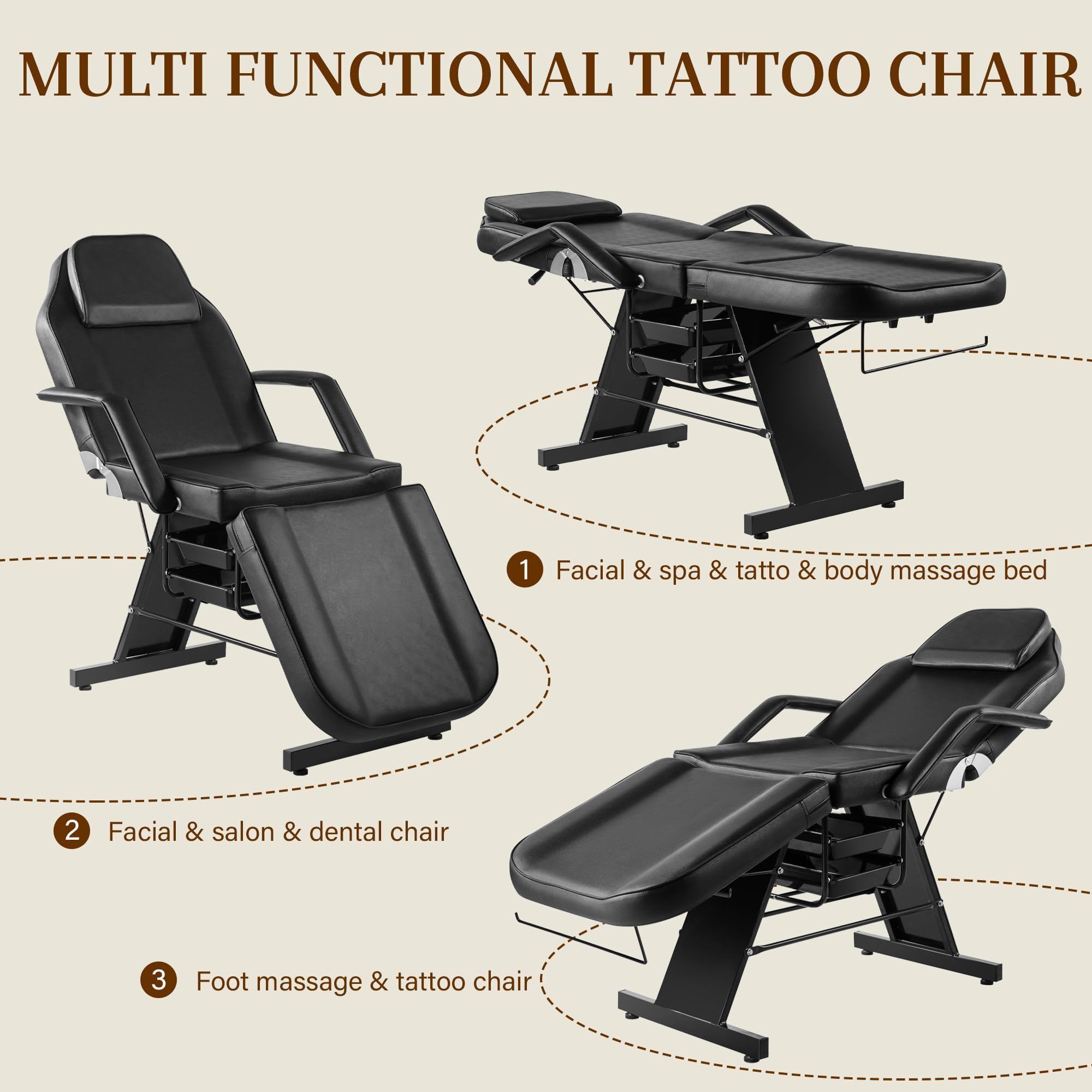 KIIUMI Tattoo Chair for Client, Esthetician Facial Bed with Hydraulic Stool, Lash Massage Table with 2-Tray, Multi-Purpose Black Lash Bed for Artist Spa Salon Beauty Equipment, Black