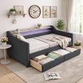Ball & Cast Twin Size Daybed Frame with Storage Drawers and 2-Tier Shelf,Modern Linen Upholstered Sofa Bed w/Charging Station,Smart LED Light,Wood Slats Support,for Livingroom,Apartment,Dark Grey