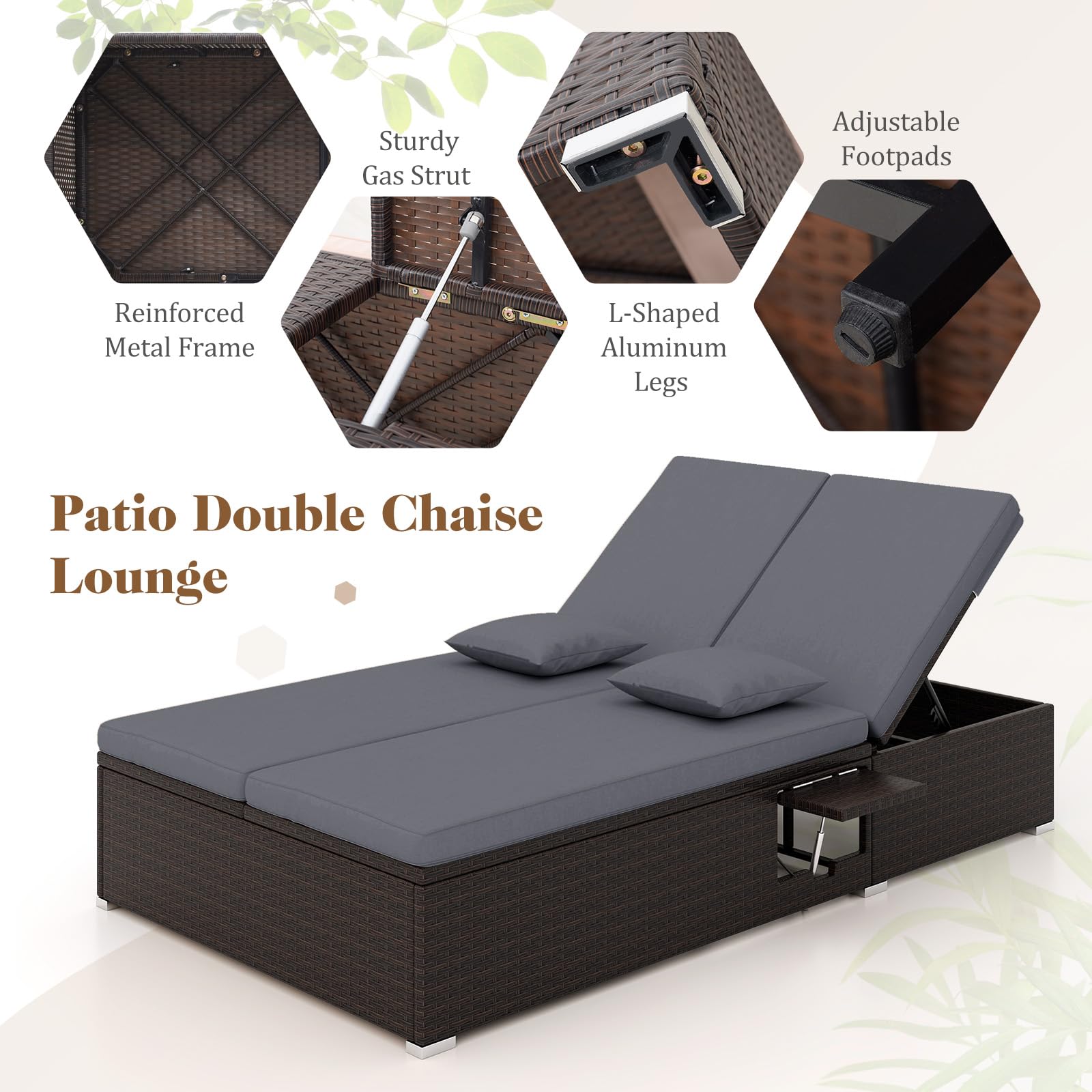 Tangkula Outdoor Rattan Daybed with 6-Level Adjustable Backrests, 2-Person Adjustable Wicker Recliner Bed with Cushions & Folding Side Trays, Double Sunbed Lounger for Balcony, Backyard & Poolside