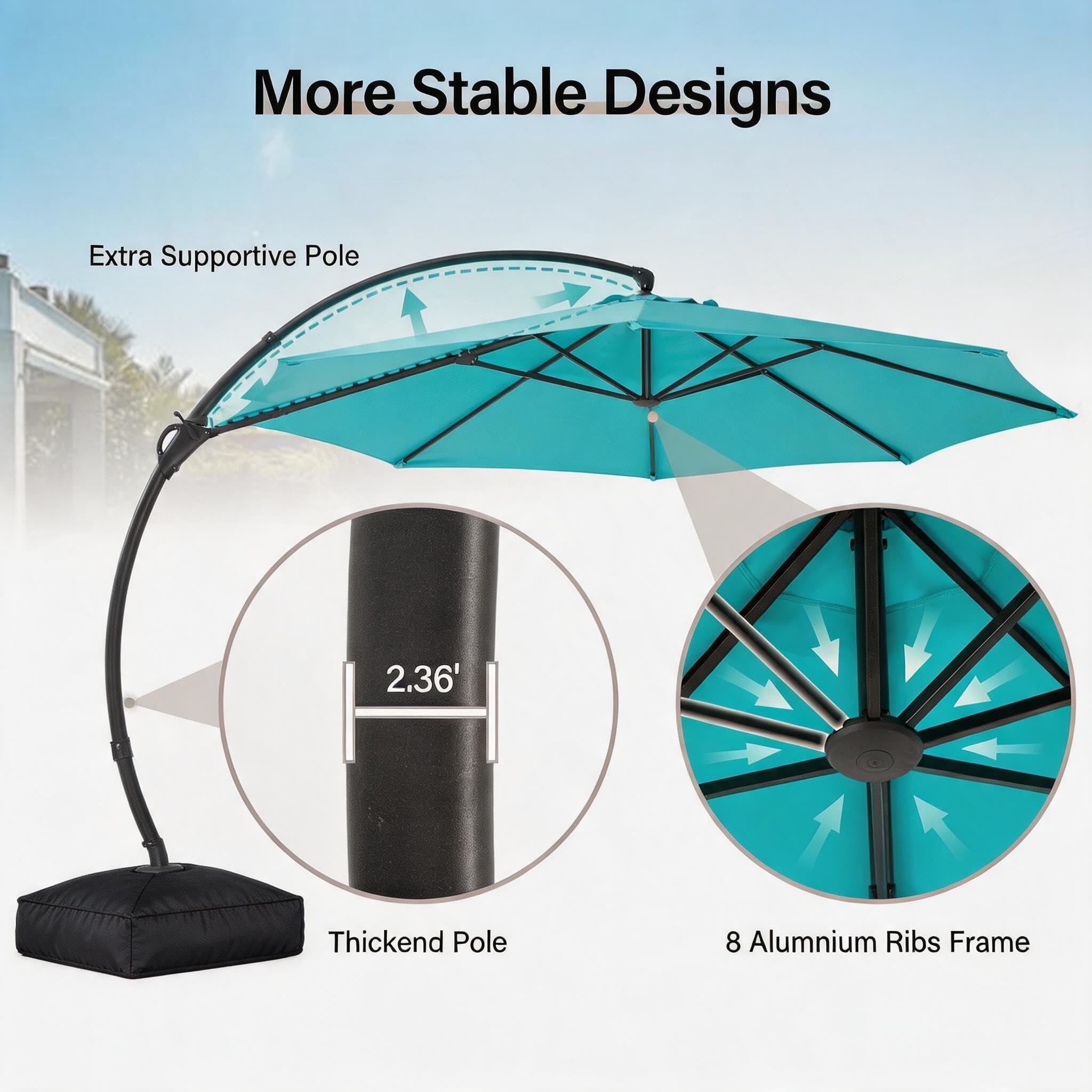 LAUSAINT HOME Outdoor Patio Umbrella with Base, 12 FT Deluxe Curvy Cantilever Umbrella Heavy Duty Offset Hanging Umbrella with 360° Rotation for Market, Pool, Garden, Backyard, Deck (Turquoise Blue)