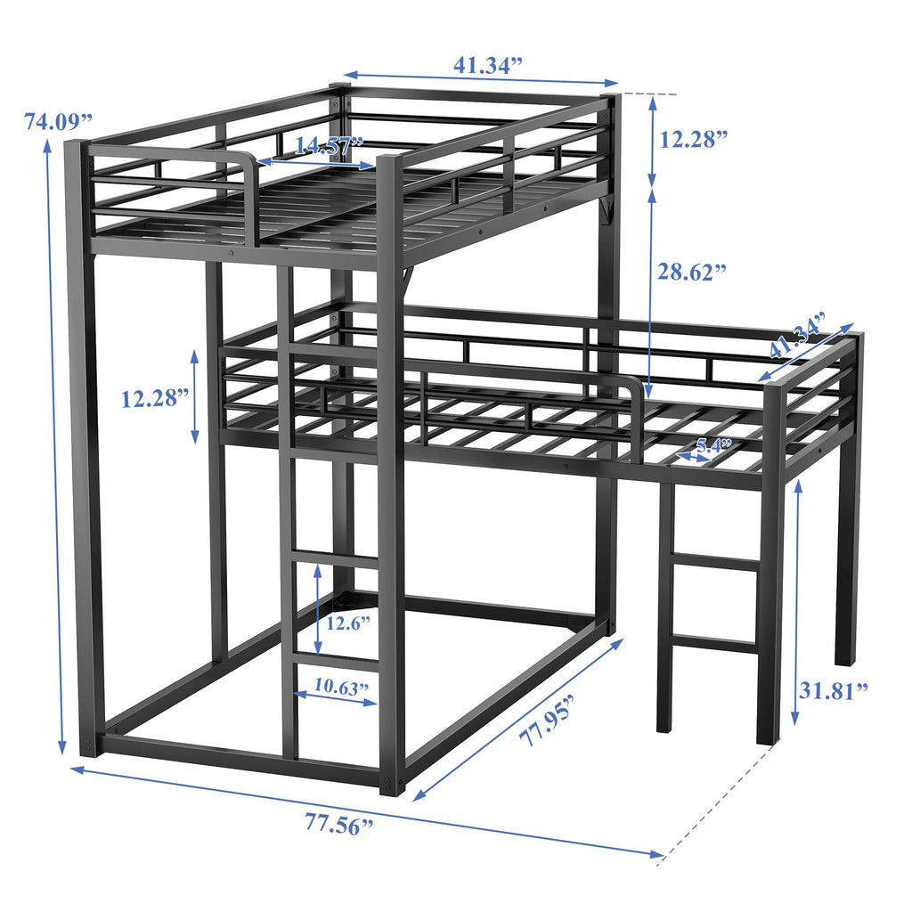 PVWIIK Heavy Duty L-Shaped Triple Bunk Bed for Kids Bedroom,Twin Over Twin Over Twin Metal Bunkbeds with Ladder & Safety Guardrail,Easy Assembly Metal Bed Frame, Black