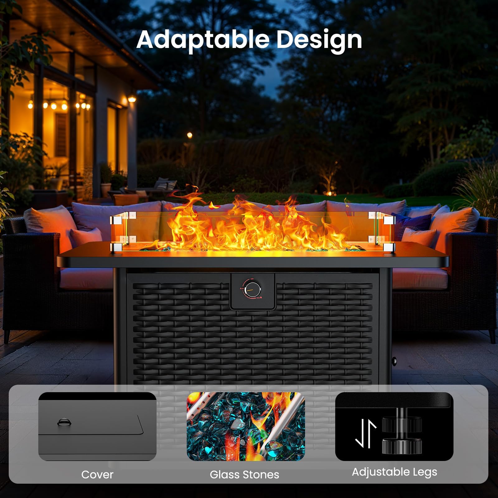 Ciays 43-Inch Rectangular Propane Fire Pit – 60,000 BTU Output, Premium Gas Fire Pit Table for Outside Patio, 304 Stainless Steel H-Burner, Glass Stones & Wind Guard, Black Finish