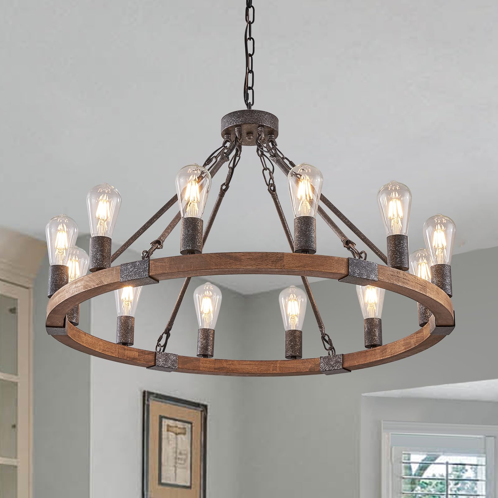 Benkut Farmhouse Wagon Wheel Chandelier 31" Black Rustic Light Fixtures 12-Light Wood Round Chandelier for Dining Room Living Room Entryway Foyer