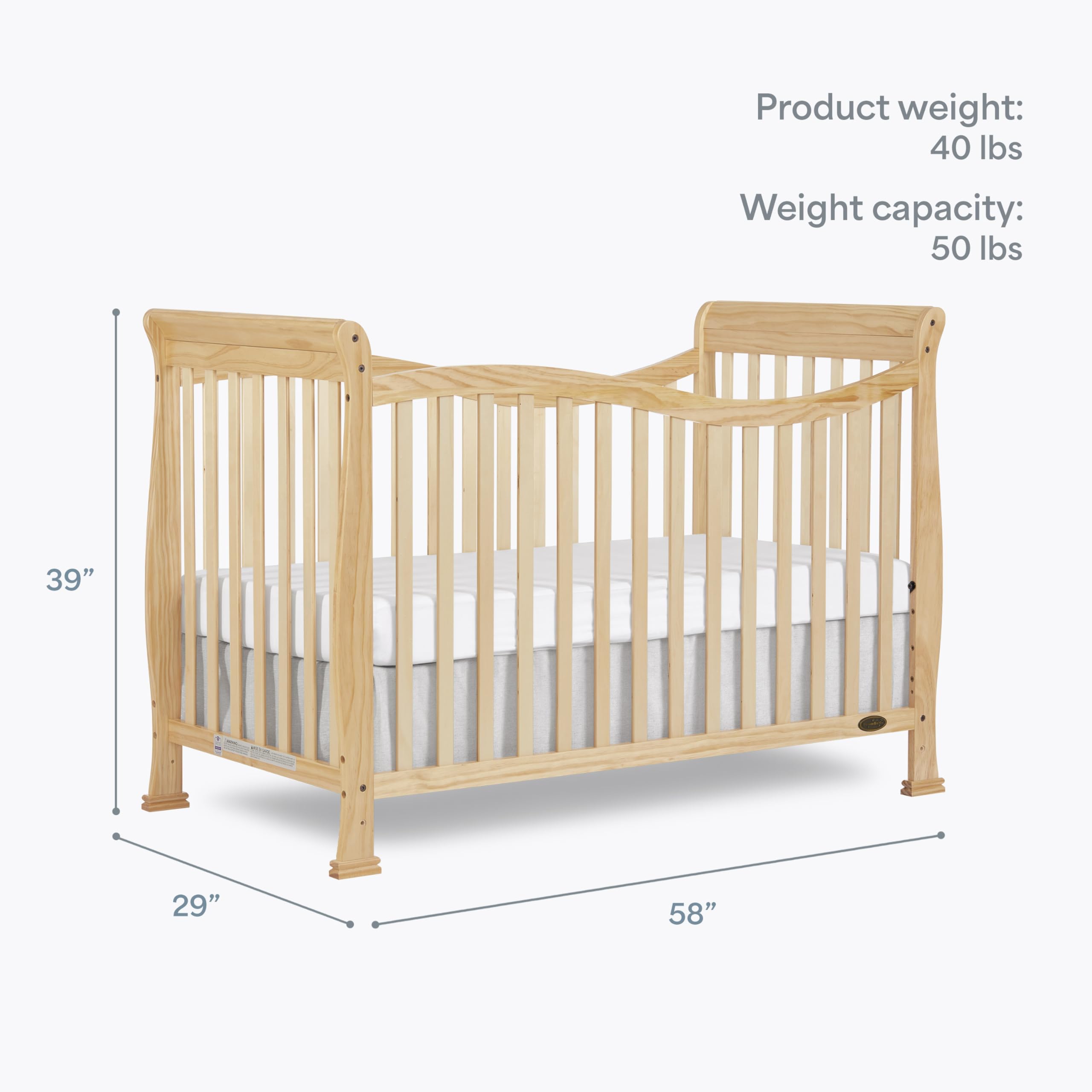 Dream On Me Violet 7-in-1 Convertible Full-Size Baby Crib with Toddler, Day & Full Bed Conversion in Natural, GreenGuard Gold & BSA, 4 Mattress Heights, Sustainable Pinewood