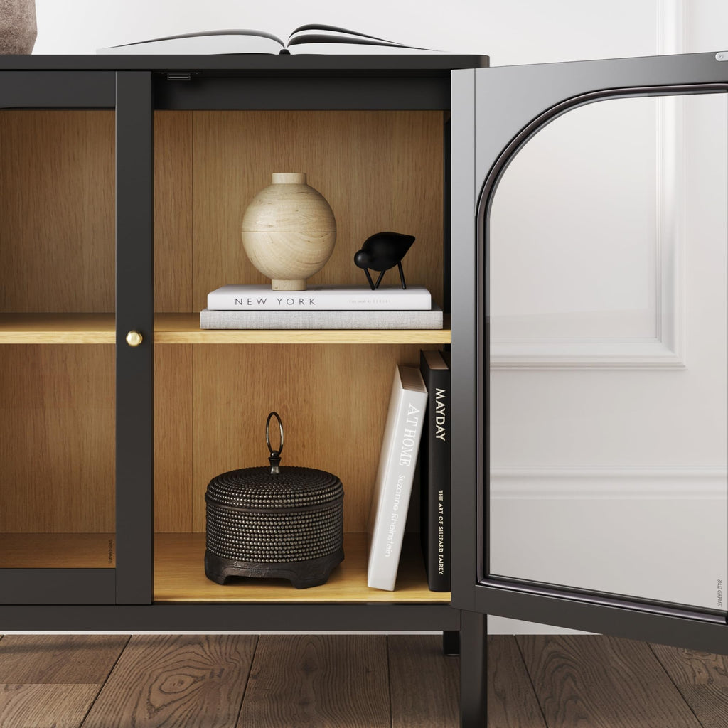Nathan James Mason Storage Cabinet, Free Standing Accent Sideboard Buffet, Credenza with Glass Doors and Adjustable Shelf in Black Oak Wood for Dining Room, Entryway and Living Room, Clear Glass/Black