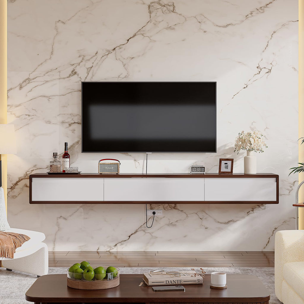 FurniNova Fully Assembled Floating TV Stand, Modern Plywood Media Console with 2 Drawers & 1 Flip Door, Wall Mounted Entertainment Center with High Gloss Finish & Round Edges, 55 inch, Walnut & White