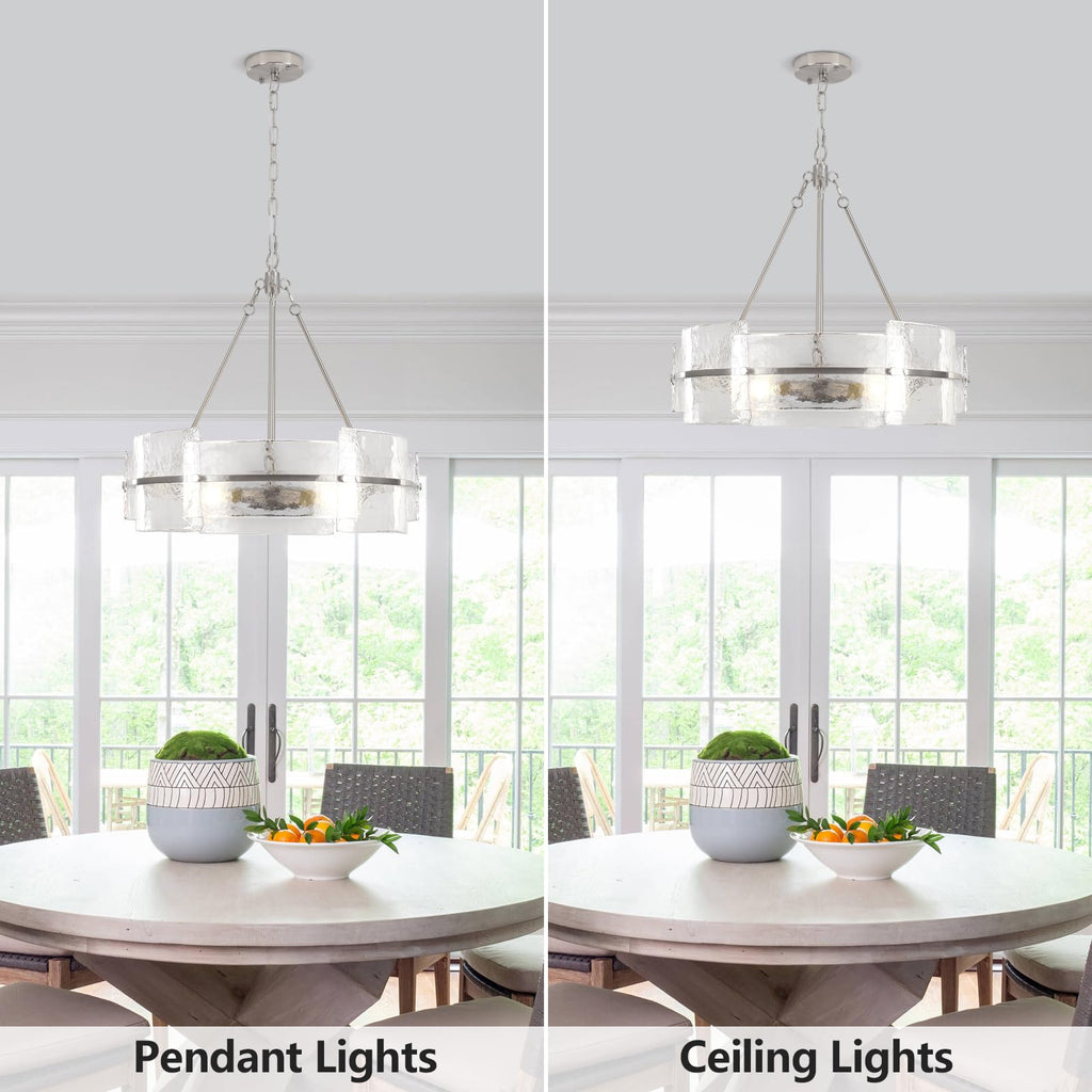 Corlaceling Modern Glass Dining Room Chandelier, 22 inch Brushed Nickel Drum Kitchen Island Light Fixture Luxury Textured Glass Water Ripple Crystal Chandeliers for Living Room Foyer Bedroom