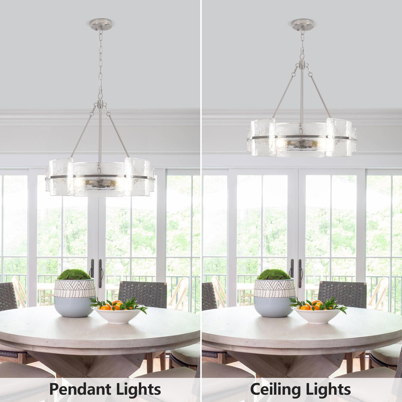 Corlaceling Modern Glass Dining Room Chandelier, 22 inch Brushed Nickel Drum Kitchen Island Light Fixture Luxury Textured Glass Water Ripple Crystal Chandeliers for Living Room Foyer Bedroom