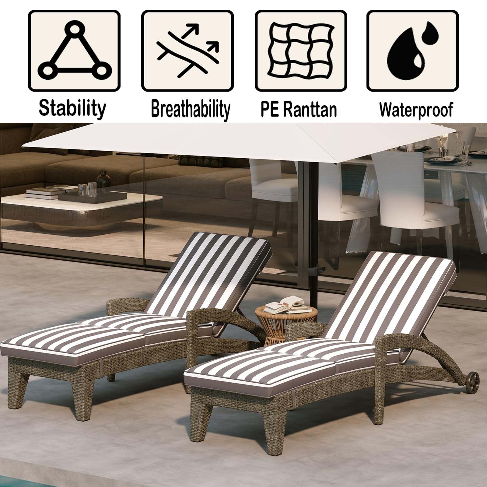 DAYAOUTDOOR Patio Chaise Lounger Set of 2, Outdoor Lounger Patio Chairs, Heavy Duty Lounge Chairs Outdoor, Chaise Lounges for Resort, Backyard, Deck, Poolside, Garden, Grey Stripe