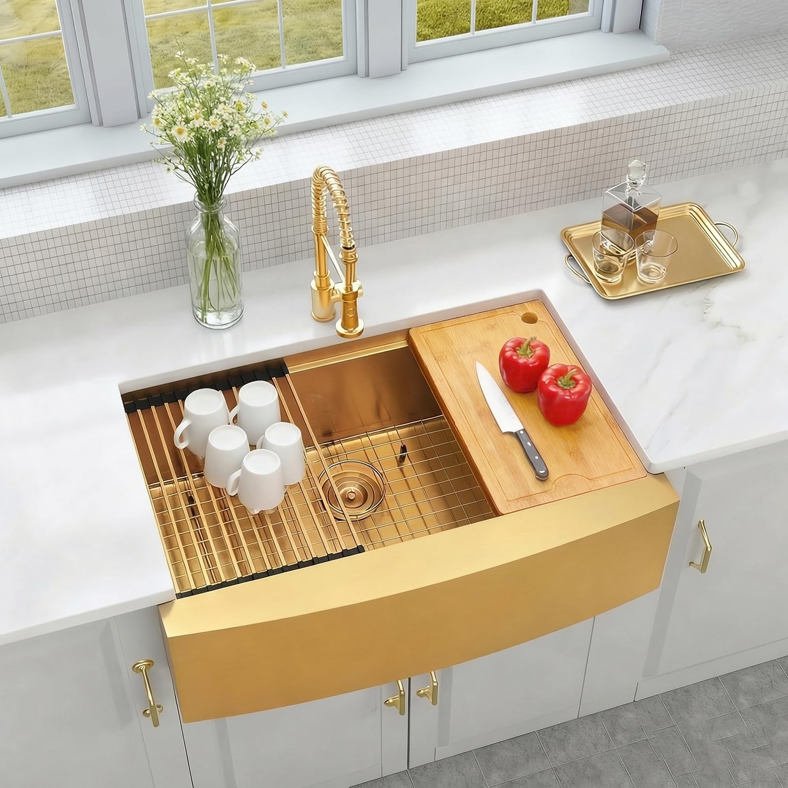 MONSINTA Gold Farmhouse Kitchen Sink, 16 Gauge SUS304 Stainless Steel Farm Sinks, All In One Workstation Sink with Ledge & Accessories, 33" x 20" x 10" Large and Deep Gold Undermount Kitchen Sink
